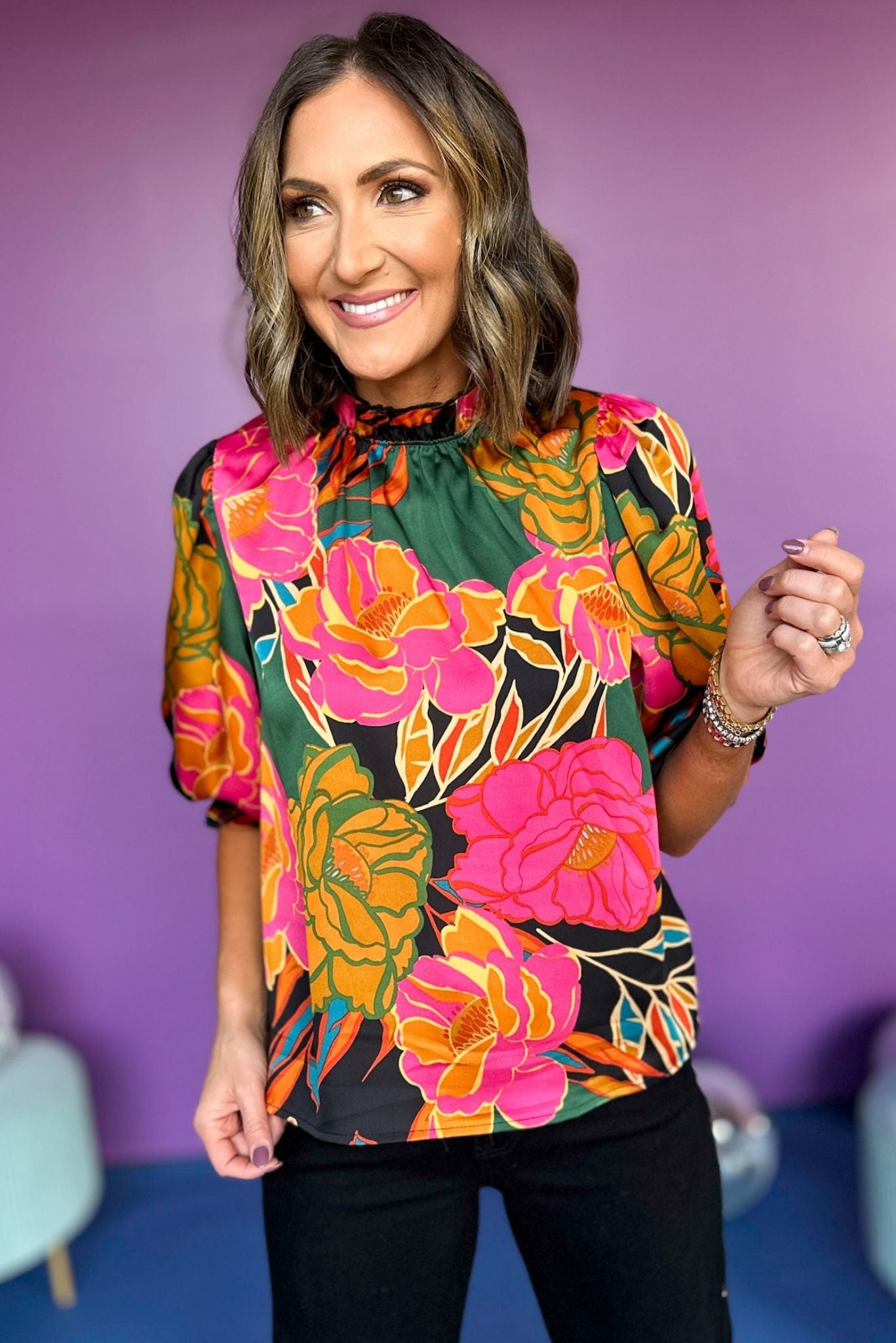 Black Floral Printed Frilled Mock Neck Top, must have top, must have style, must have fall, fall collection, fall fashion, elevated style, elevated top, mom style, fall style, shop style your senses by mallory fitzsimmons