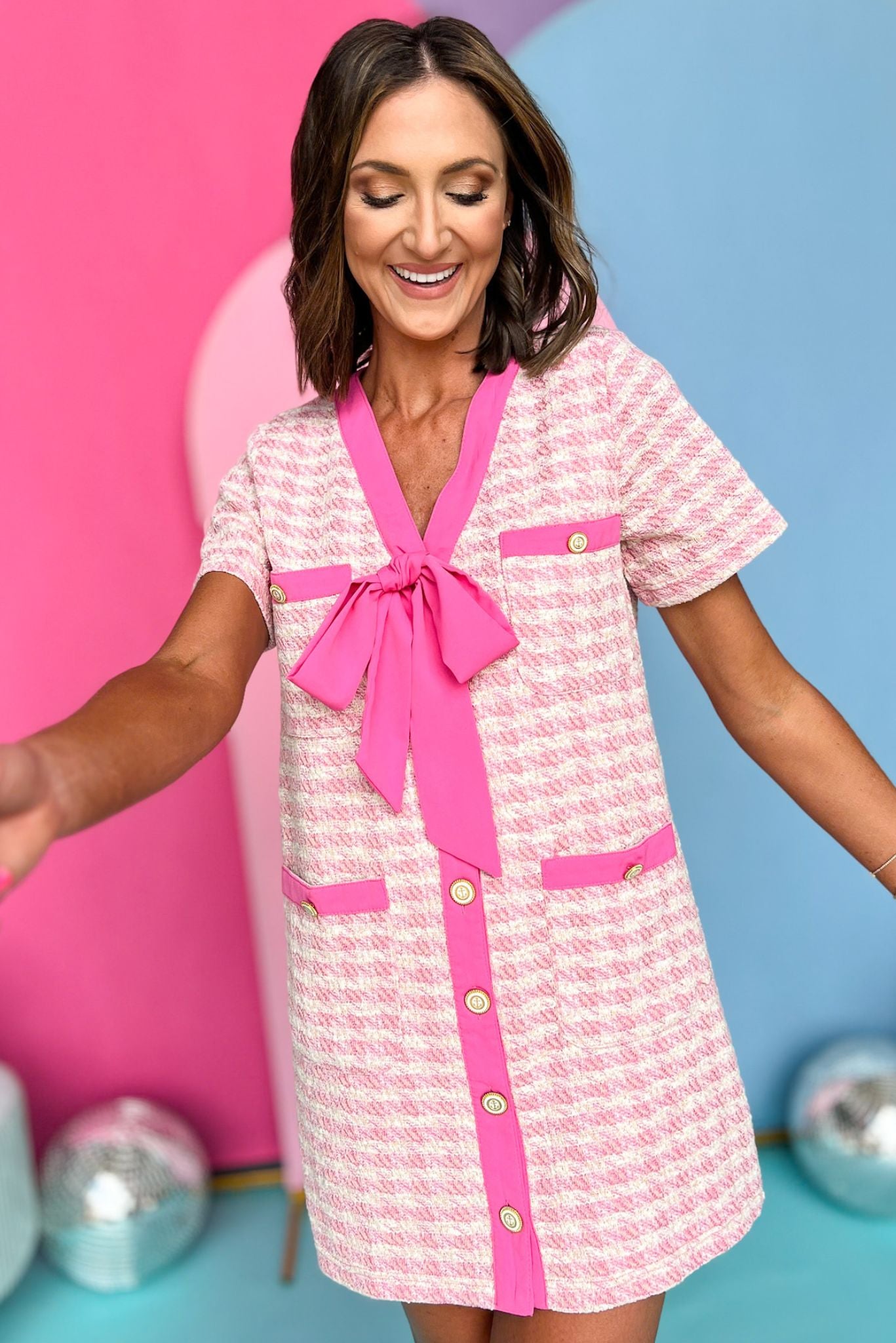 Pink V Neck Short Sleeve Contrast Ribbon Detailed Tweed Dress, tweed dress, tie detail dress, must have dress, must have style, brunch style, spring fashion, elevated style, elevated dress, mom style, shop style your senses by mallory fitzsimmons, ssys by mallory fitzsimmons