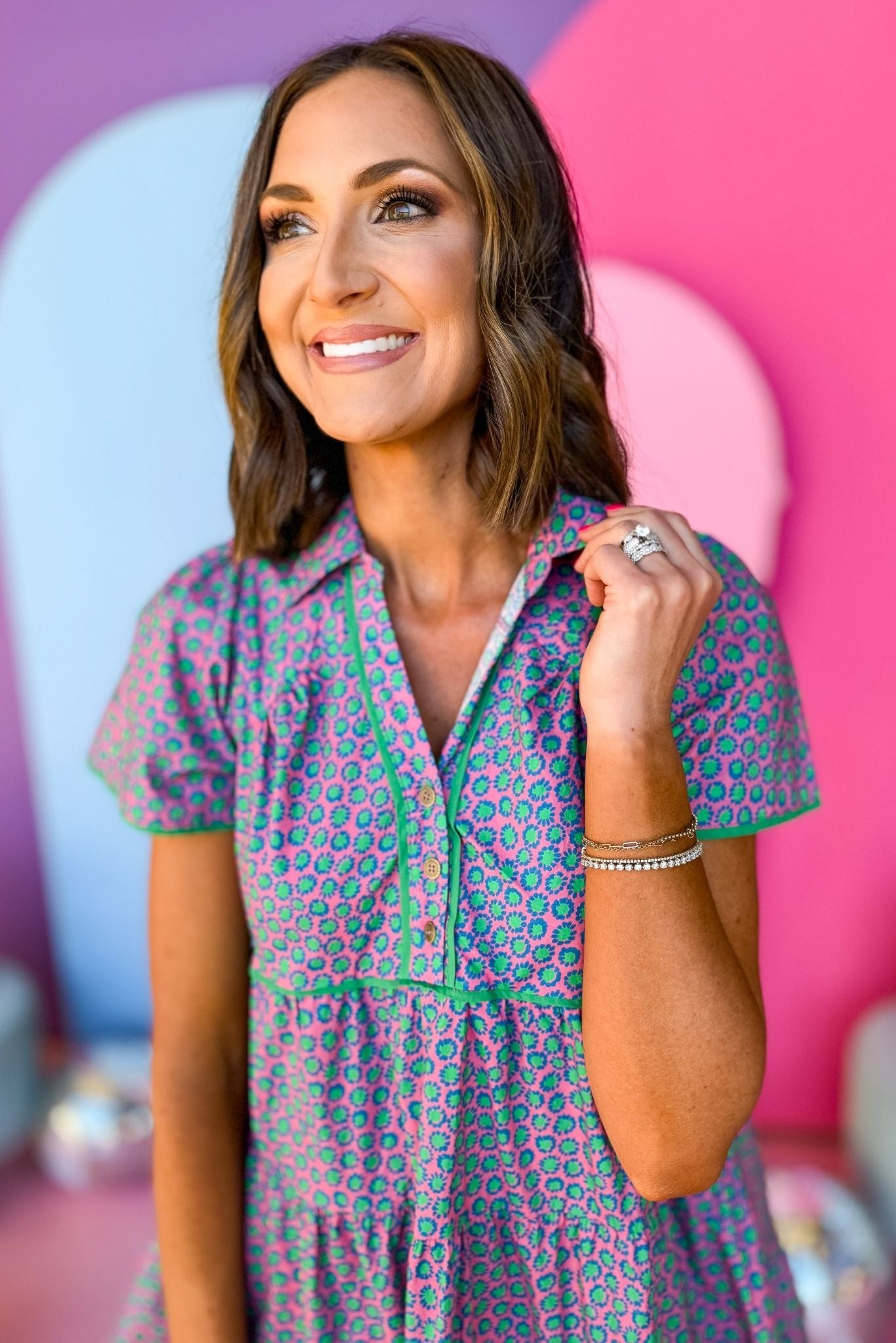 Green Floral Printed V Neck Contrast Piping Button Front Dress, must have dress, must have style, brunch style, spring fashion, elevated style, elevated dress, mom style, shop style your senses by mallory fitzsimmons, ssys by mallory fitzsimmons