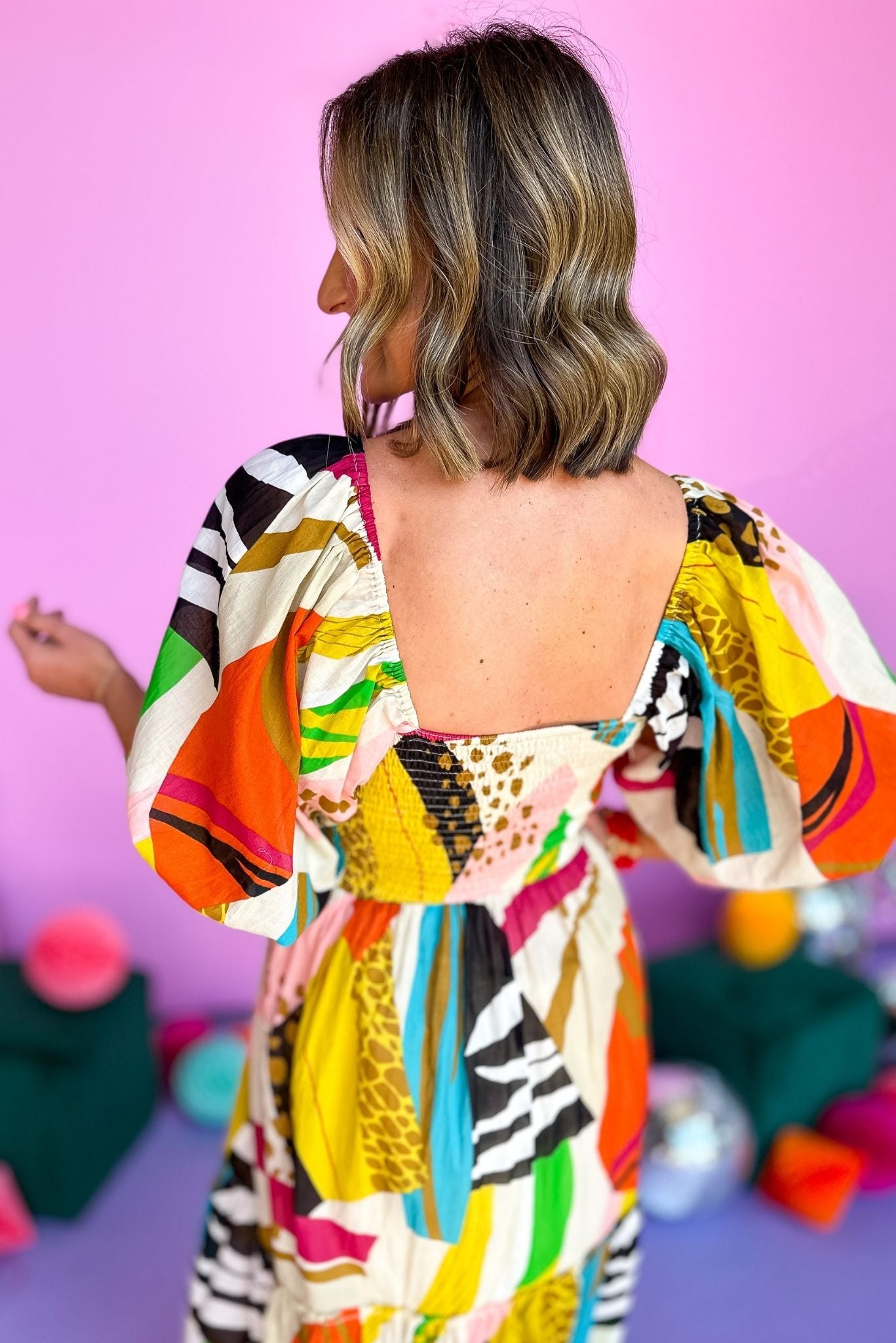 Multi Abstract Printed Smocked Bodice Puff Sleeved Midi Dress, midi dress, resort wear, spring style, smocked bodice, puff sleeve, shop style your senses by mallory fitzsimmons