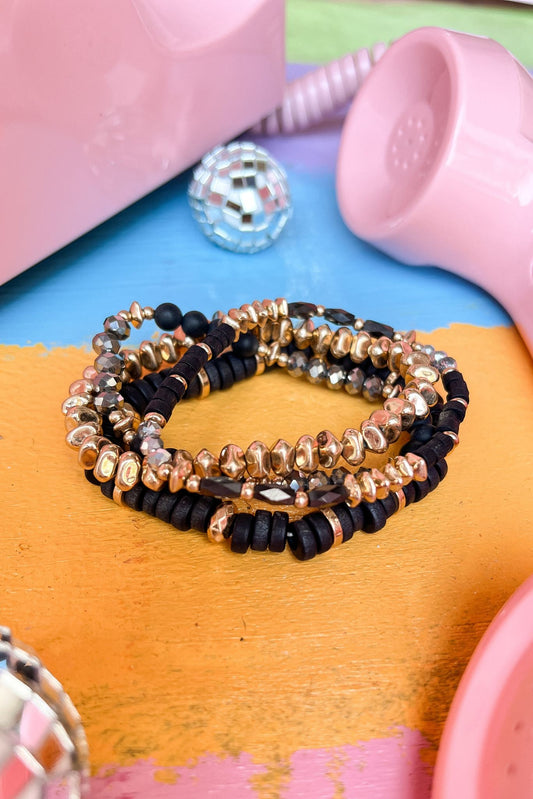 Black Gold Multi Stone Accented Wood Beaded Stretch Bracelets, accessories, bracelets, shop style your senses by mallory fitzsimmons