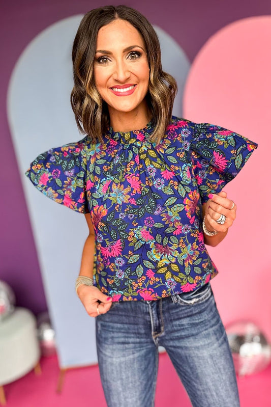 Cobalt Blue Floral Printed Frilled Neck Double Ruffle Top, must have top, must have style, office style, spring fashion, elevated style, elevated top, mom style, work top, shop style your senses by mallory fitzsimmons