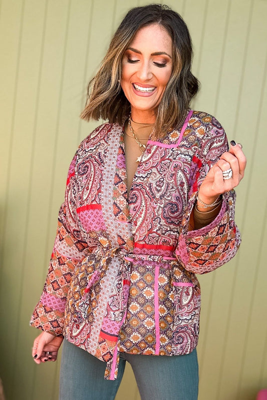  Molly Bracken Fuchsia Paisley Printed Tie Waist Long Sleeve Jacket, must have jacket, must have style, must have print, fall fashion, fall jacket, affordable fashion, elevated style, elevated jacket, elevated print, mom style, shop style your senses by mallory fitzsimmons