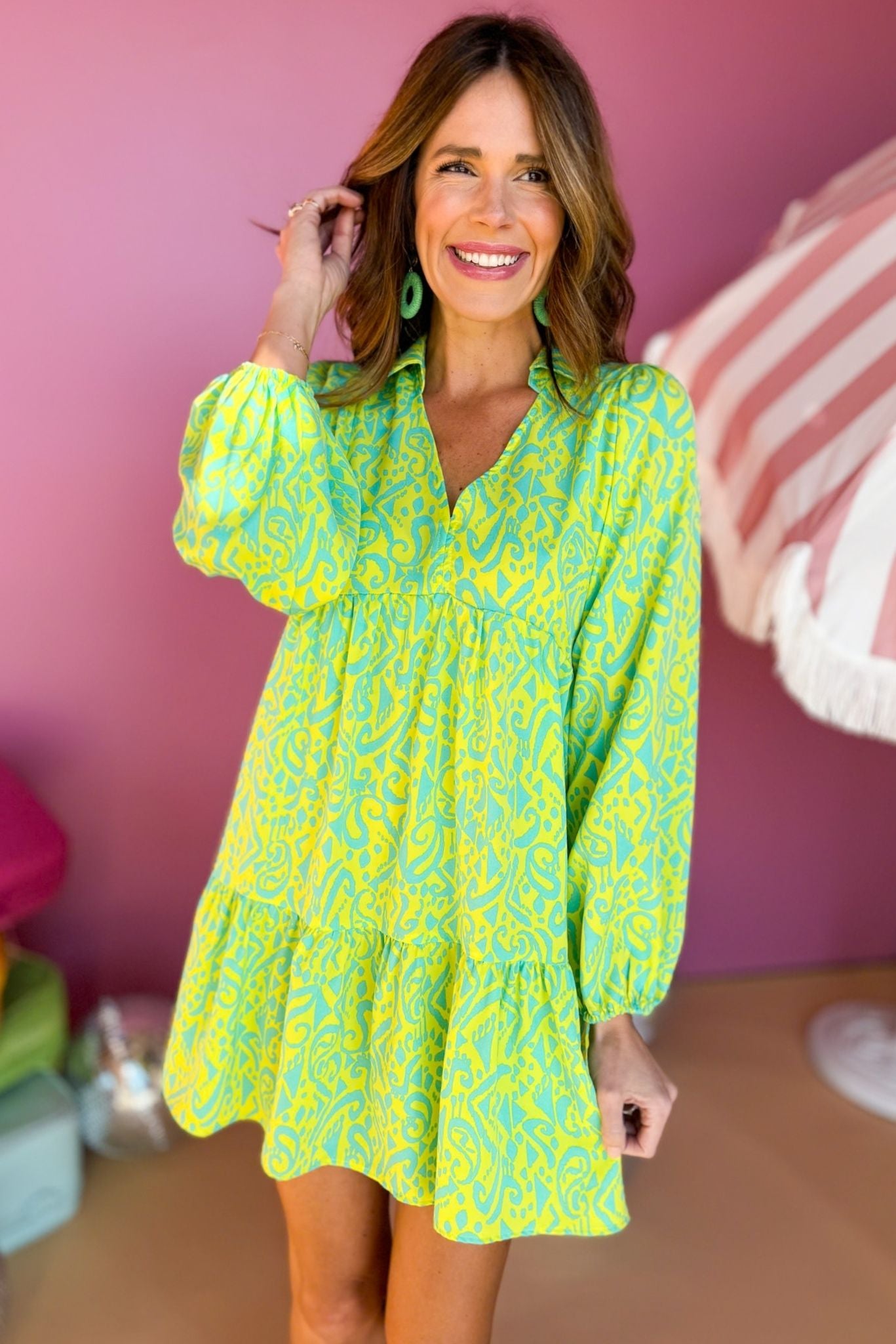 Lime Green Two Tone Abstract Printed Collared Tiered Long Sleeve Dress