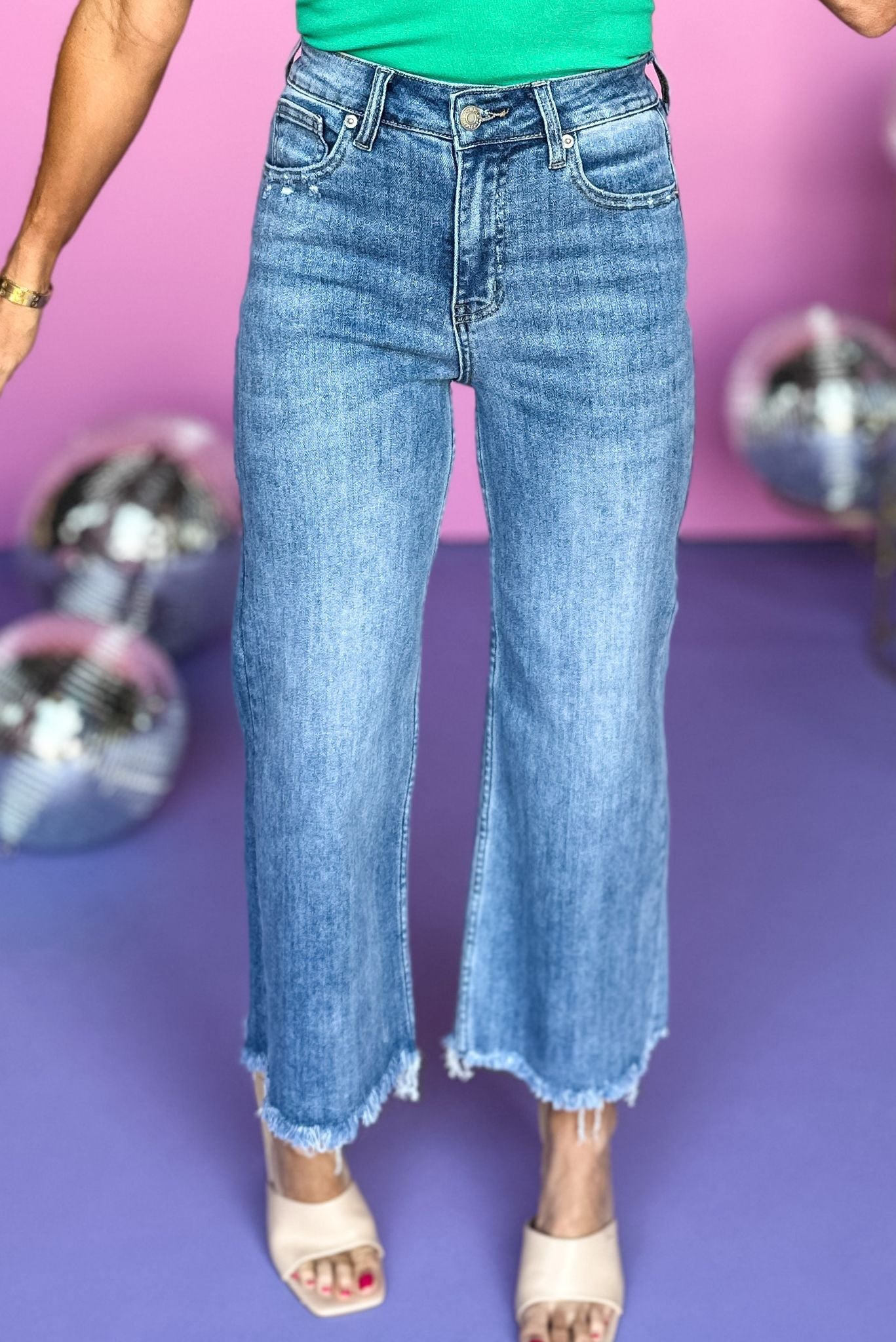 Risen Medium Wash High Rise Wide Leg Frayed Hem Jeans – Shop Style Your  Senses