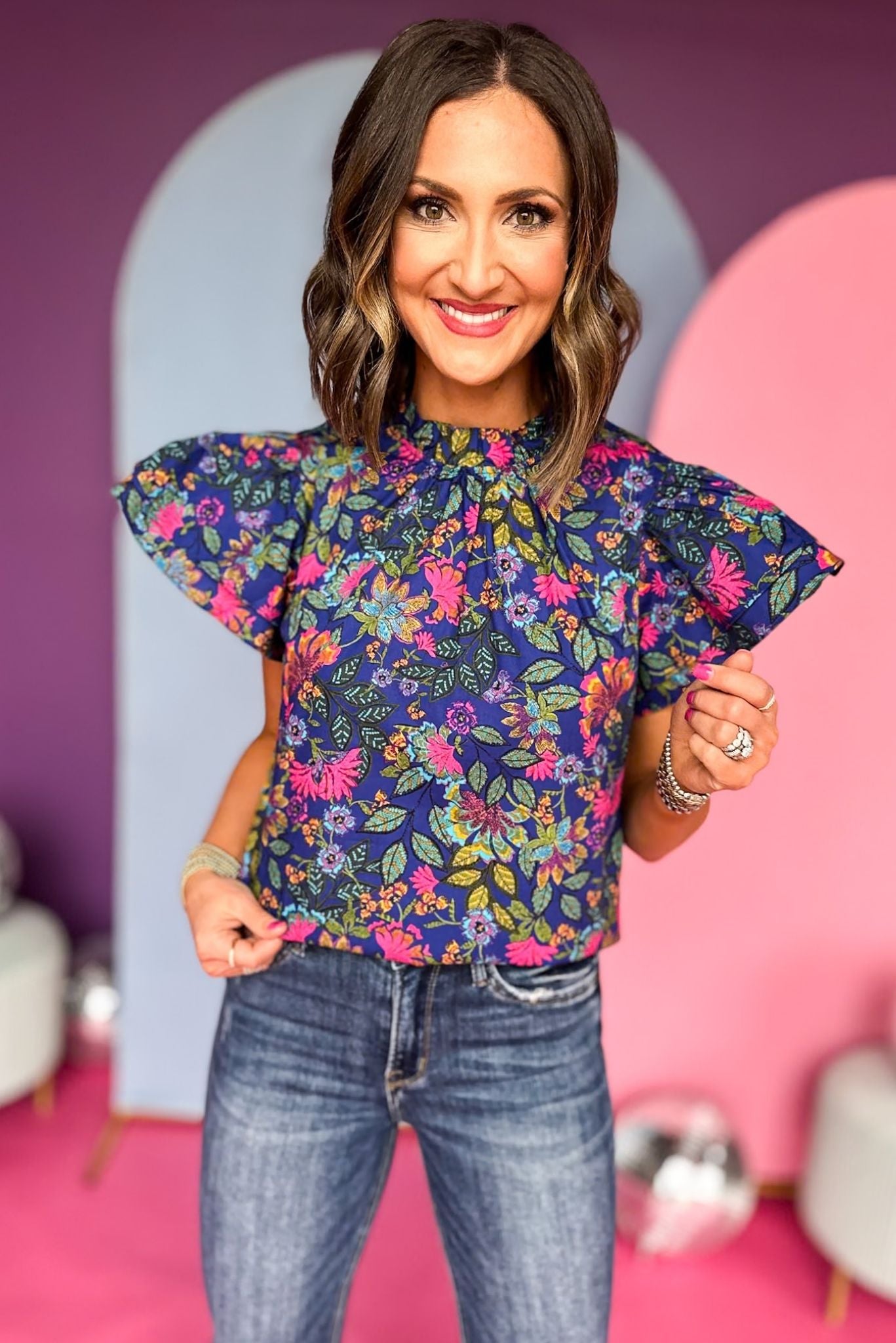 Cobalt Blue Floral Printed Frilled Neck Double Ruffle Top, must have top, must have style, office style, spring fashion, elevated style, elevated top, mom style, work top, shop style your senses by mallory fitzsimmons