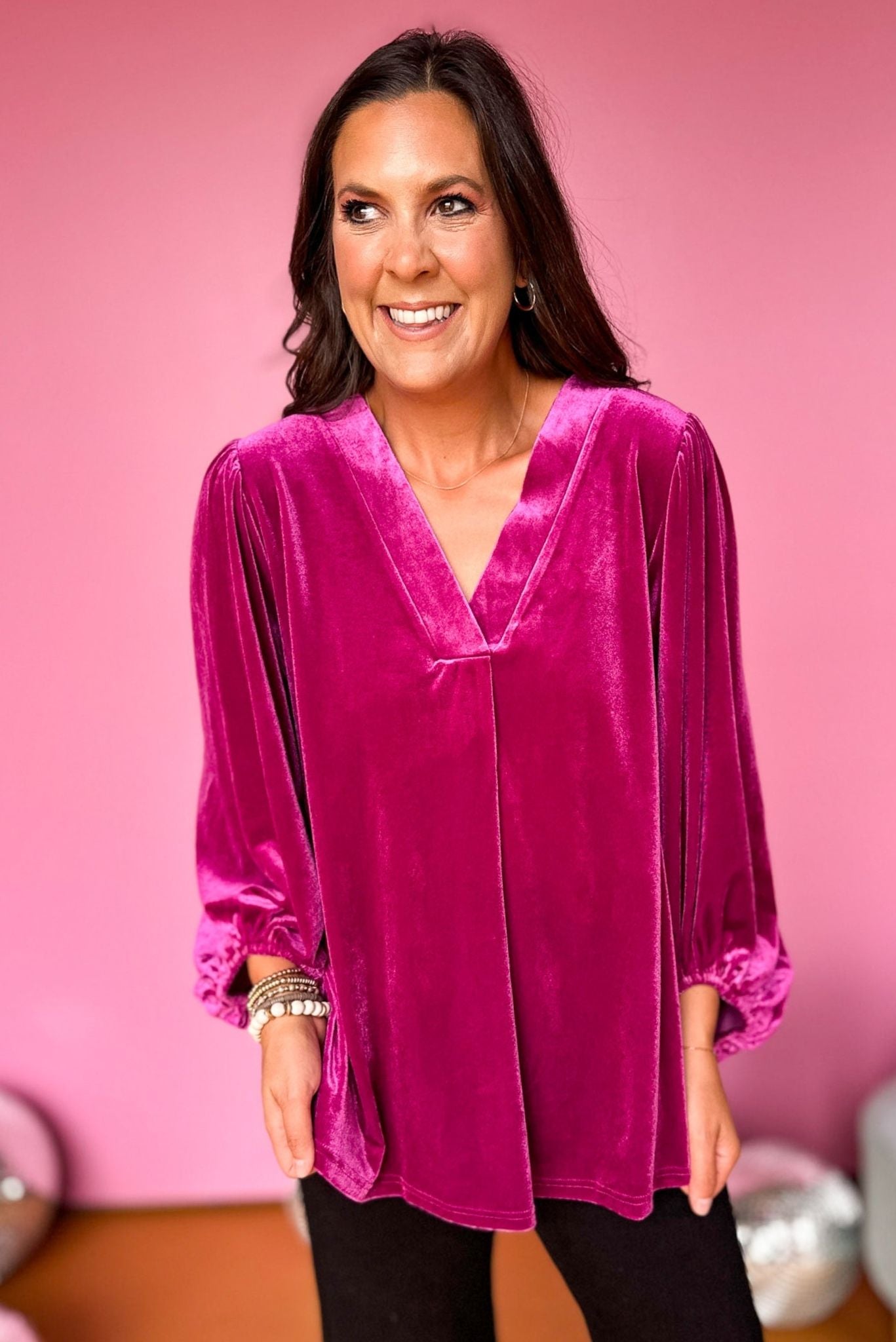 Magenta Velvet Split Neck Long Draped Sleeve Top, must have top, must have style, must have fall, fall collection, fall fashion, elevated style, elevated top, mom style, fall style, shop style your senses by mallory fitzsimmons