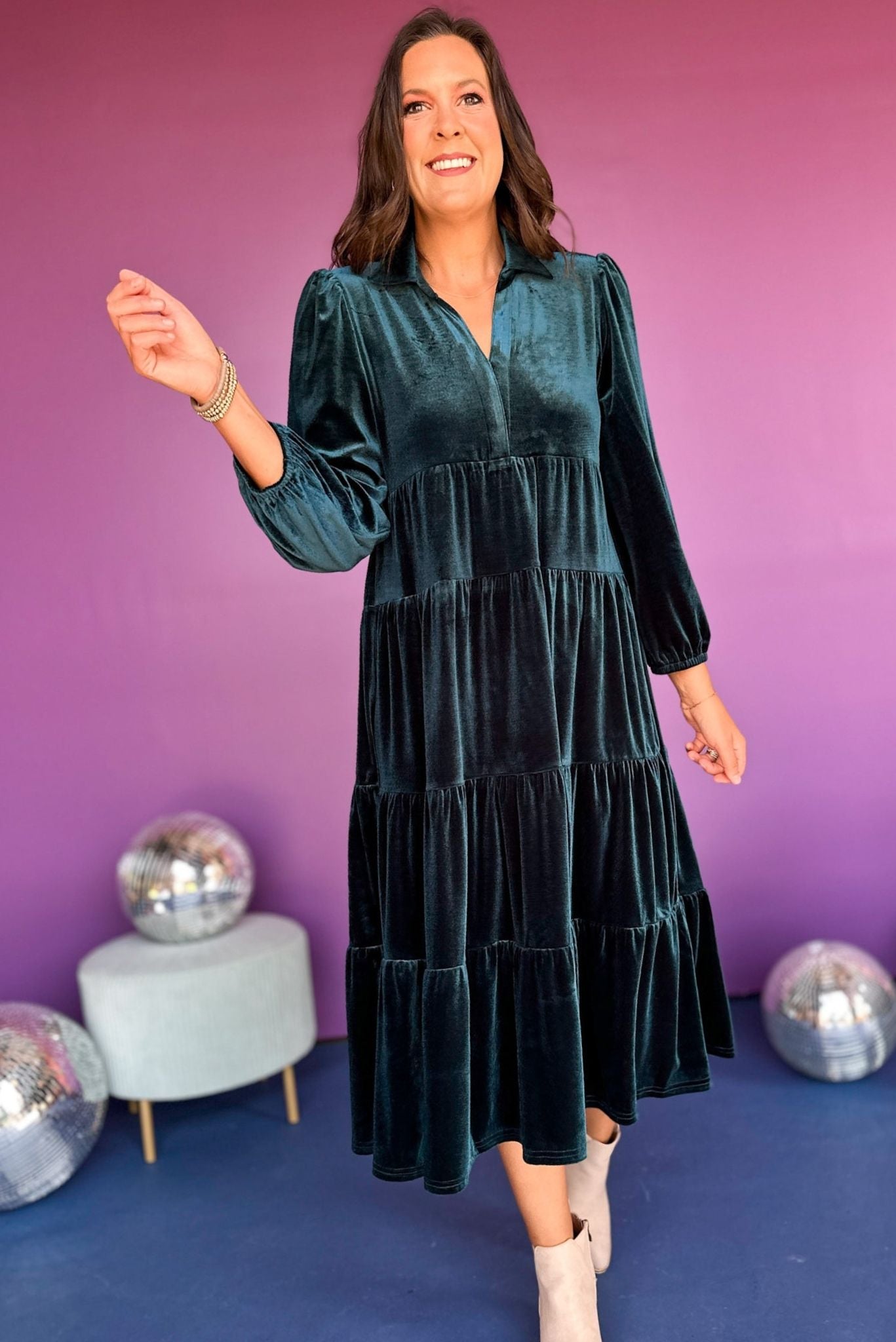 SSYS The Lillian Dress In Hunter Velvet, SSYS the label, ssys dress, must have dress, must have print, must have style, elevated style, elevated dress, mom style, shop style your senses by mallory fitzsimmons