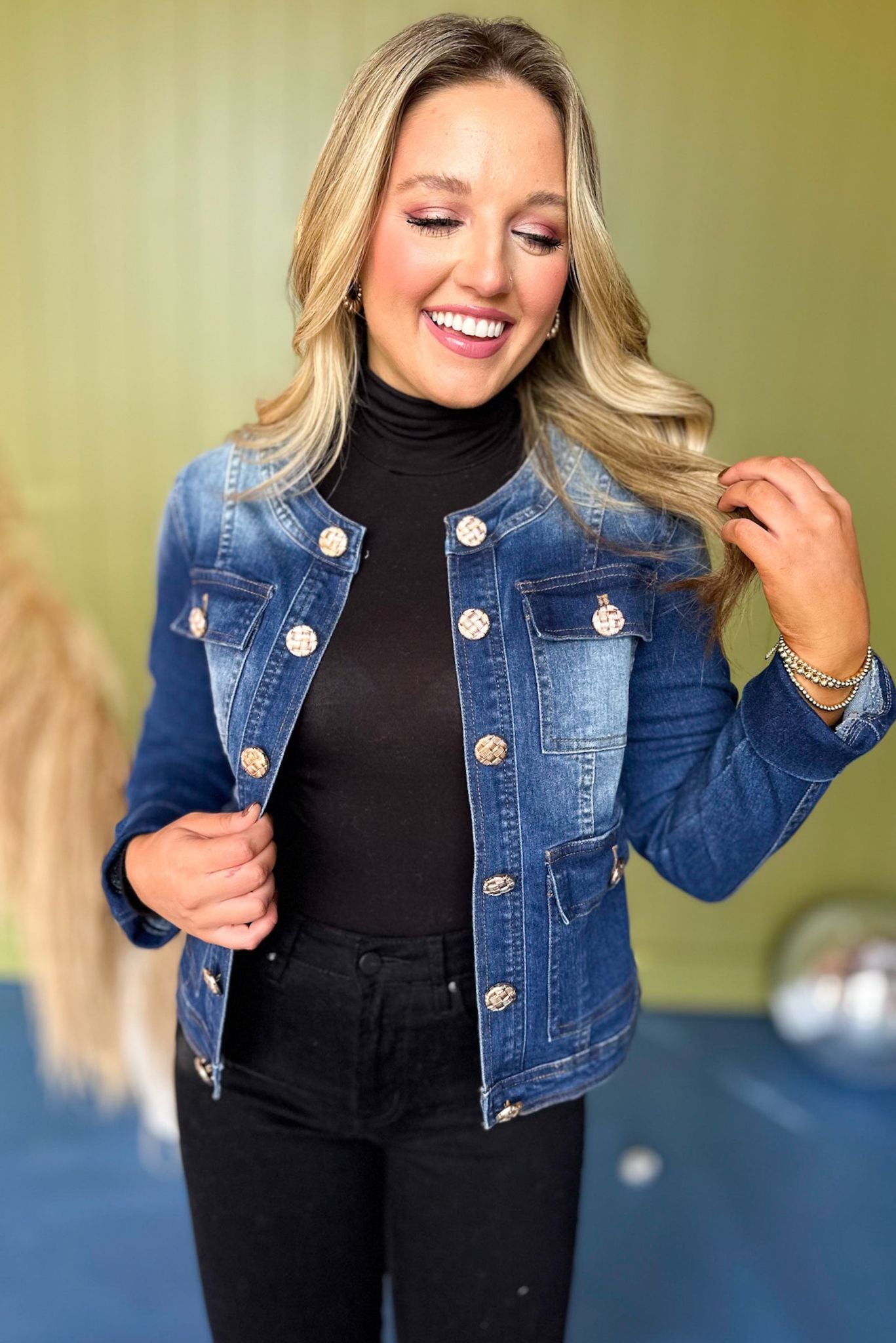 Blue Button Front Round Neck Denim Jacket, must have jacket, must have style, fall style, fall fashion, elevated style, elevated jacket, mom style, fall collection, fall dress, shop style your senses by mallory fitzsimmons