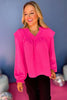 Hot Pink Split Neck Ruffle Shoulder Balloon Sleeve Top, must have top, must have style, office top, work top, office wear, winter style, winter fashion, elevated style, elevated top, mom style, winter top, shop style your senses by mallory fitzsimmons