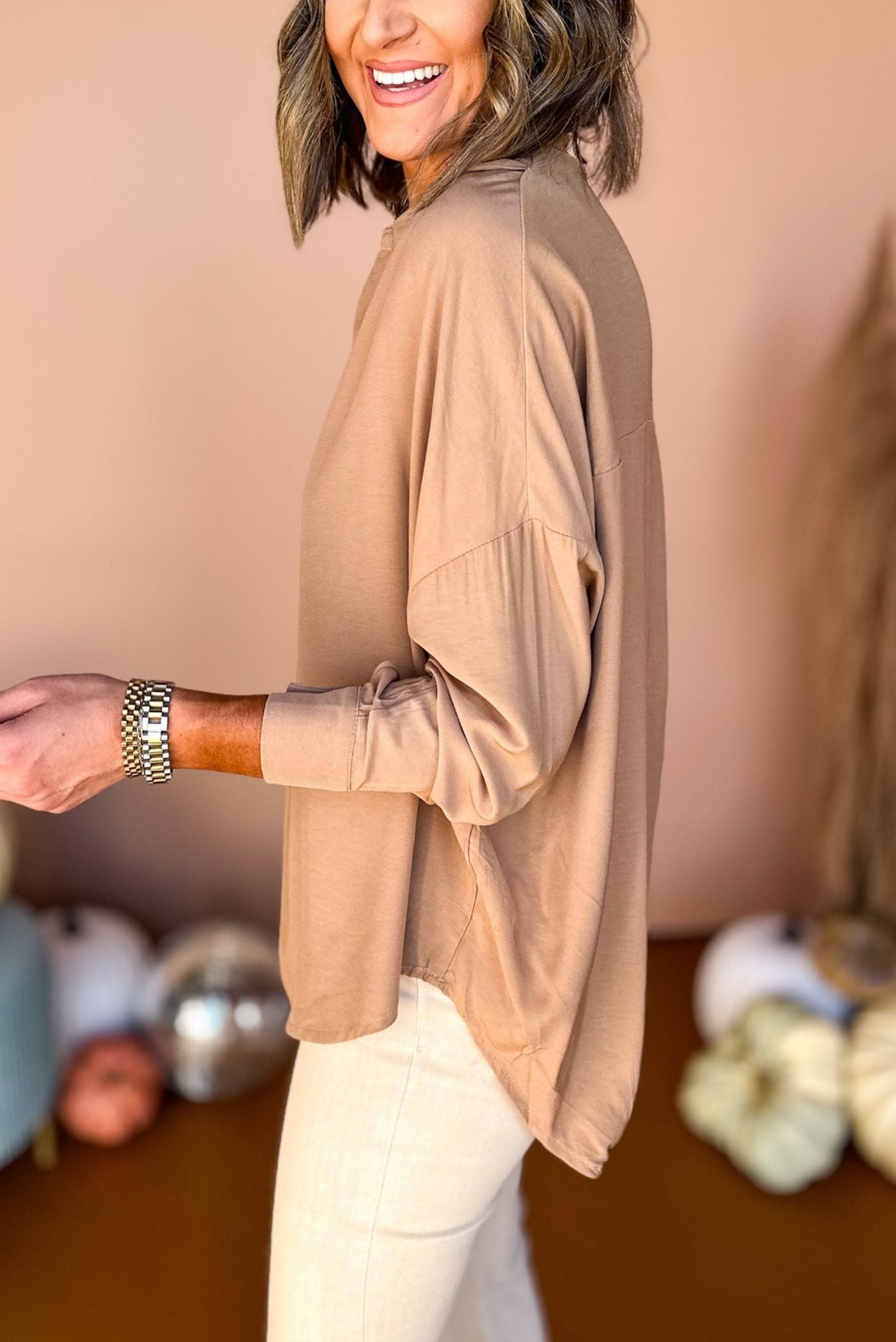 Taupe Long Sleeve Banded Cuff High Low Top, must have top, must have style, must have fall, fall collection, fall fashion, elevated style, elevated top, mom style, fall style, shop style your senses by mallory fitzsimmons