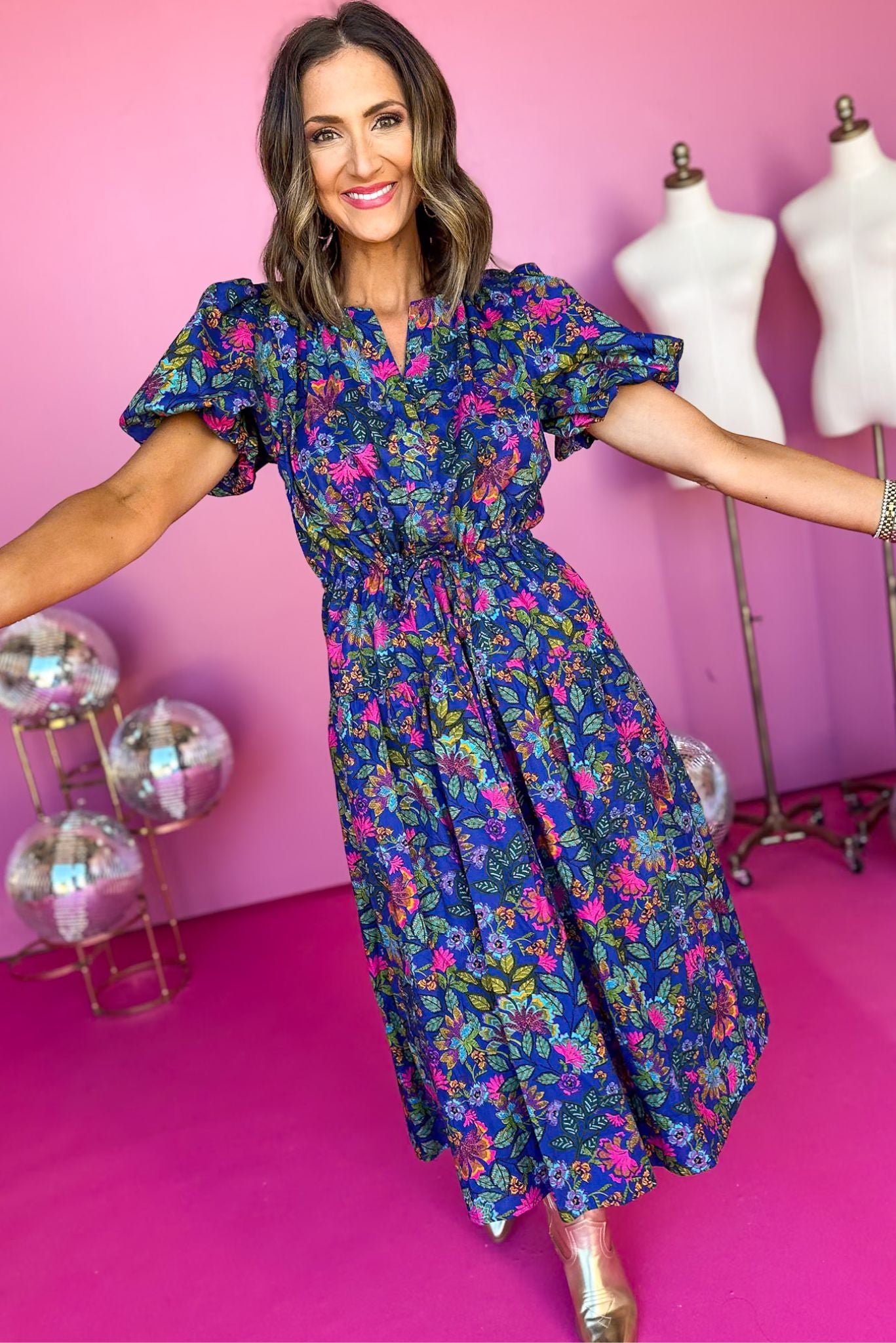 Cobalt Blue Floral Puff Sleeve Midi Dress