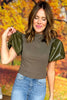 Olive Green Waffle Knit Mock Neck Faux Leather Puff Short Sleeve Top, must have top, must have style, must have fall, fall collection, fall fashion, elevated style, elevated top, mom style, fall style, shop style your senses by mallory fitzsimmons
