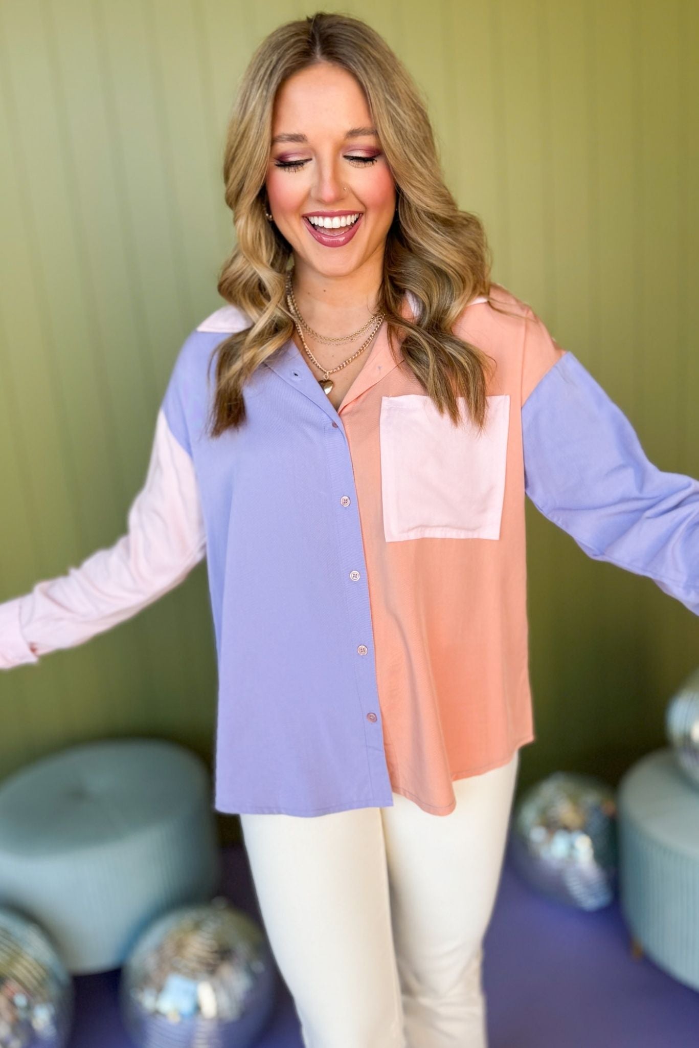 Lilac Colorblock Button Down Pocket Detail Top, must have top, must have style, office style, spring fashion, elevated style, elevated top, mom style, work top, shop style your senses by mallory fitzsimmons
