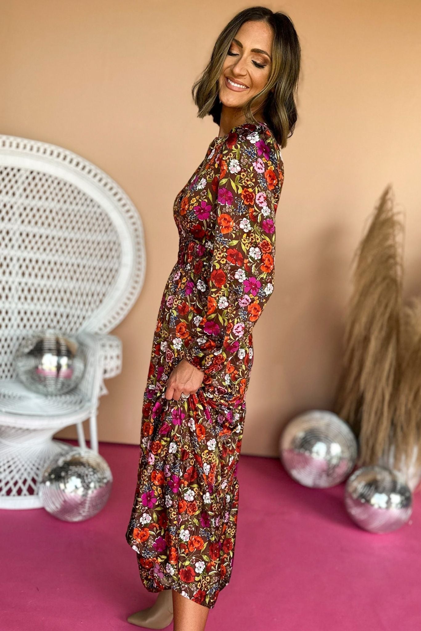 Brown Floral Printed V Neck Smocked Waist Long Sleeve Maxi Dress, elevated dress, elevated style, must have style, must have dress, must have print, fall print, fall dress, fall fashion, mom style, fall family photos, shop style your senses by mallory fitzsimmons