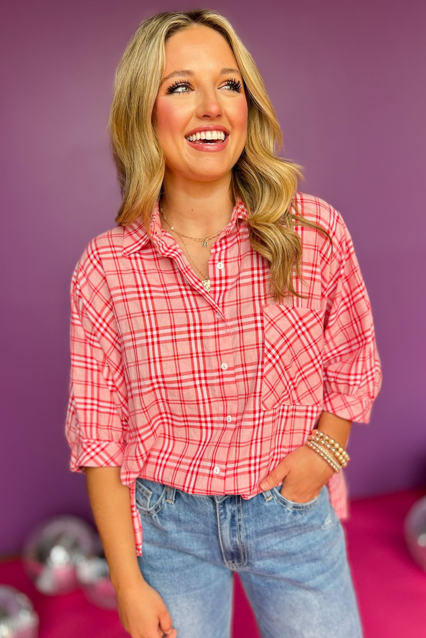 Pink Plaid Print Collared Button Down Half Sleeve Top, top, collared top, button down top, half sleeve top, plaid top, pink plaid top, must have top, elevated top, elevated style, summer top, summer style, Shop Style Your Senses by Mallory Fitzsimmons, SSYS by Mallory Fitzsimmons