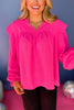 Hot Pink Split Neck Ruffle Shoulder Balloon Sleeve Top, must have top, must have style, office top, work top, office wear, winter style, winter fashion, elevated style, elevated top, mom style, winter top, shop style your senses by mallory fitzsimmons