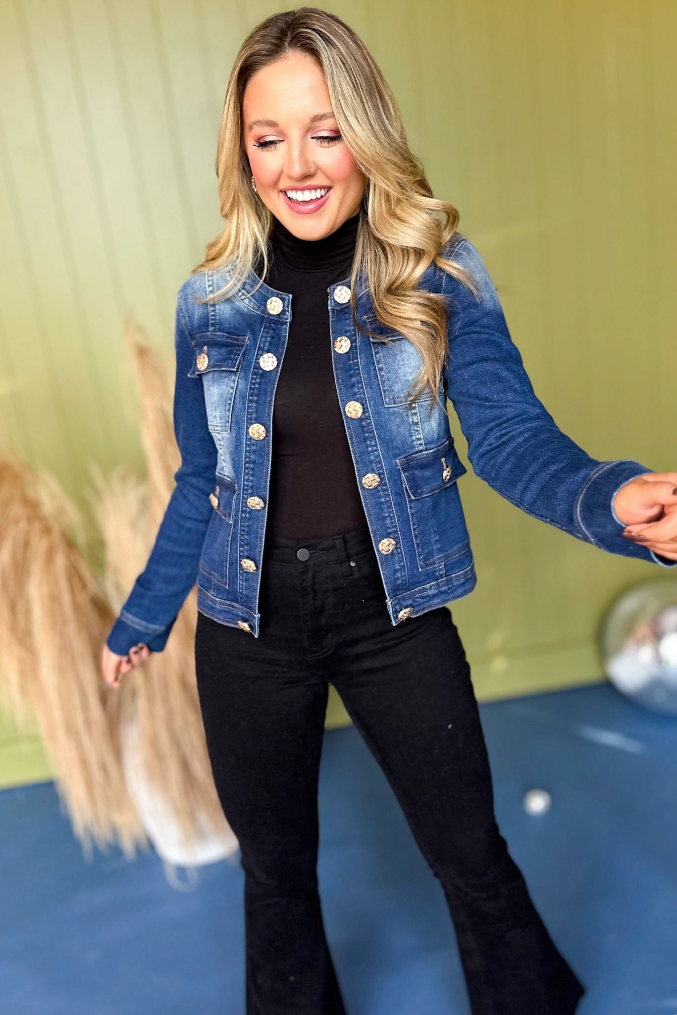 Blue Button Front Round Neck Denim Jacket, must have jacket, must have style, fall style, fall fashion, elevated style, elevated jacket, mom style, fall collection, fall dress, shop style your senses by mallory fitzsimmons