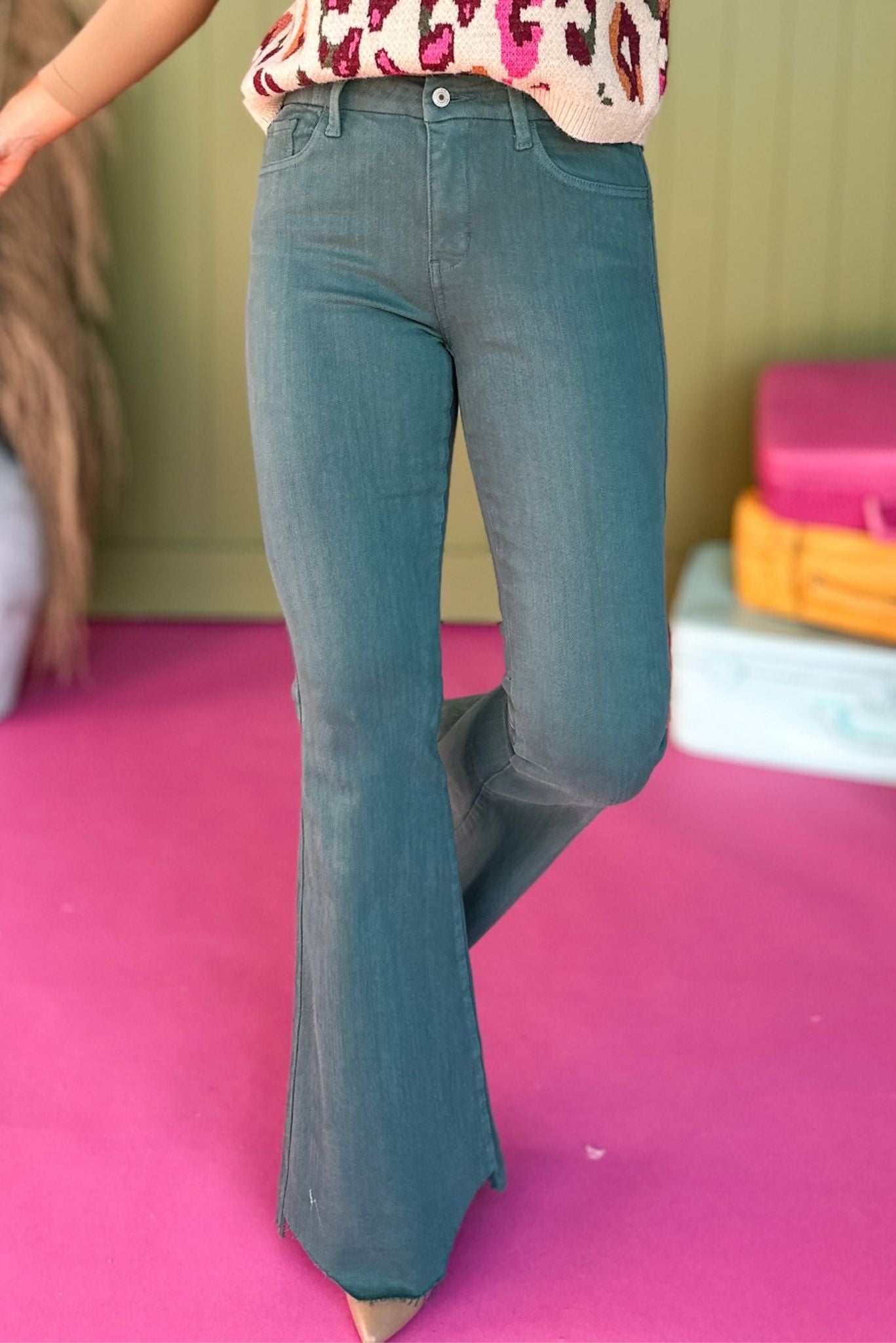 Vervet Green Washed High Rise Super Flare Raw Hem Jeans, must have jeans, must have style, fall jeans, fall fashion, affordable fashion, mom style, elevated style, shop style your senses by mallory fitzsimmons