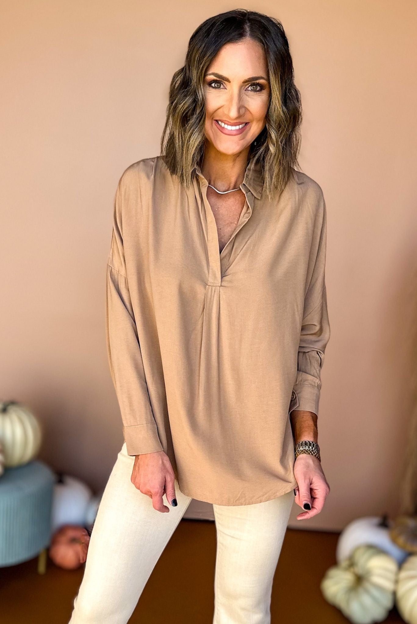 Taupe Long Sleeve Banded Cuff High Low Top, must have top, must have style, must have fall, fall collection, fall fashion, elevated style, elevated top, mom style, fall style, shop style your senses by mallory fitzsimmons