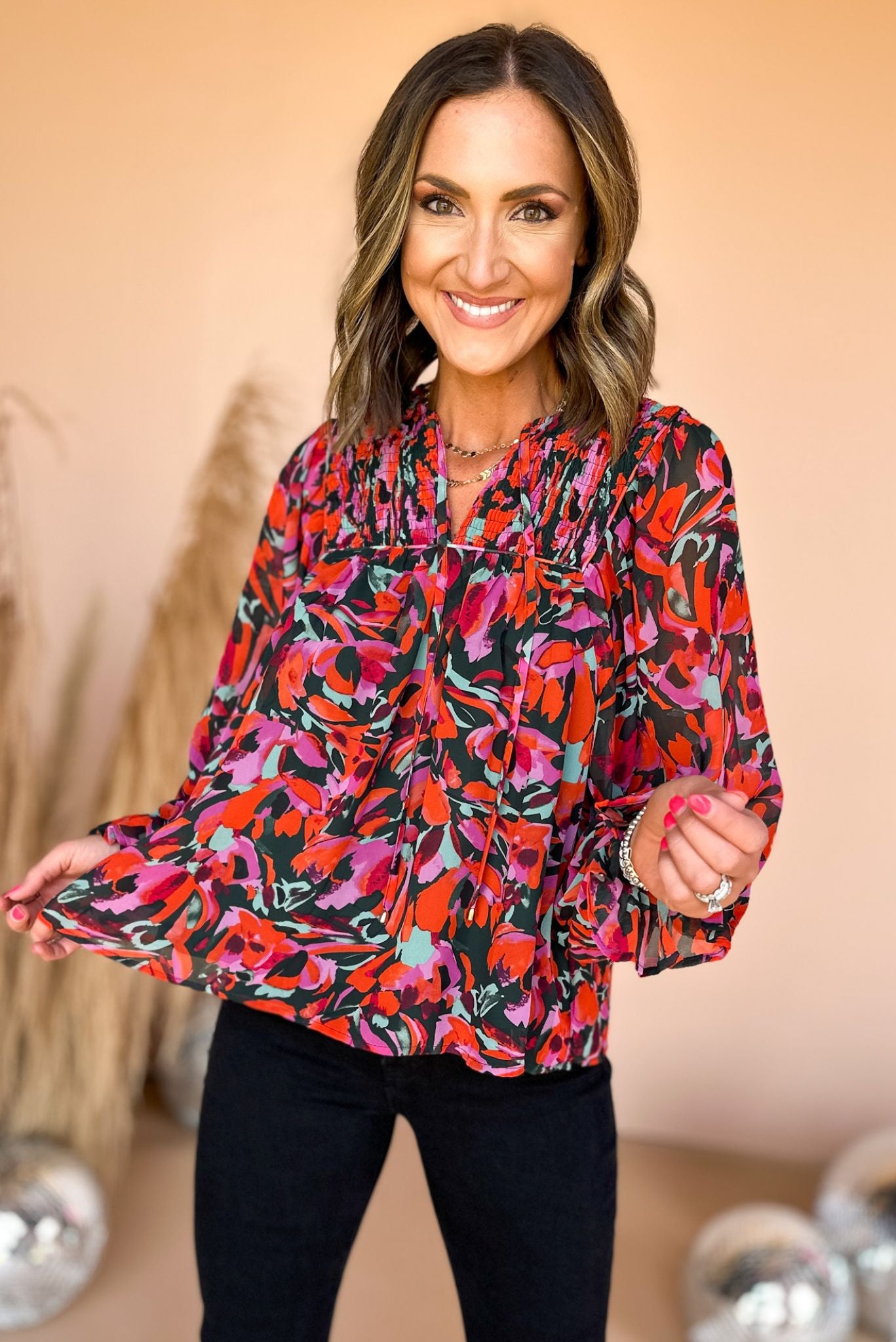 Green Floral Ruffle Detail Long Sleeve Top, floral top, fall top, transitional top, must have fall top, work to weekend, office top, elevated style, mom style, shop style your senses by mallory fitzsimmons