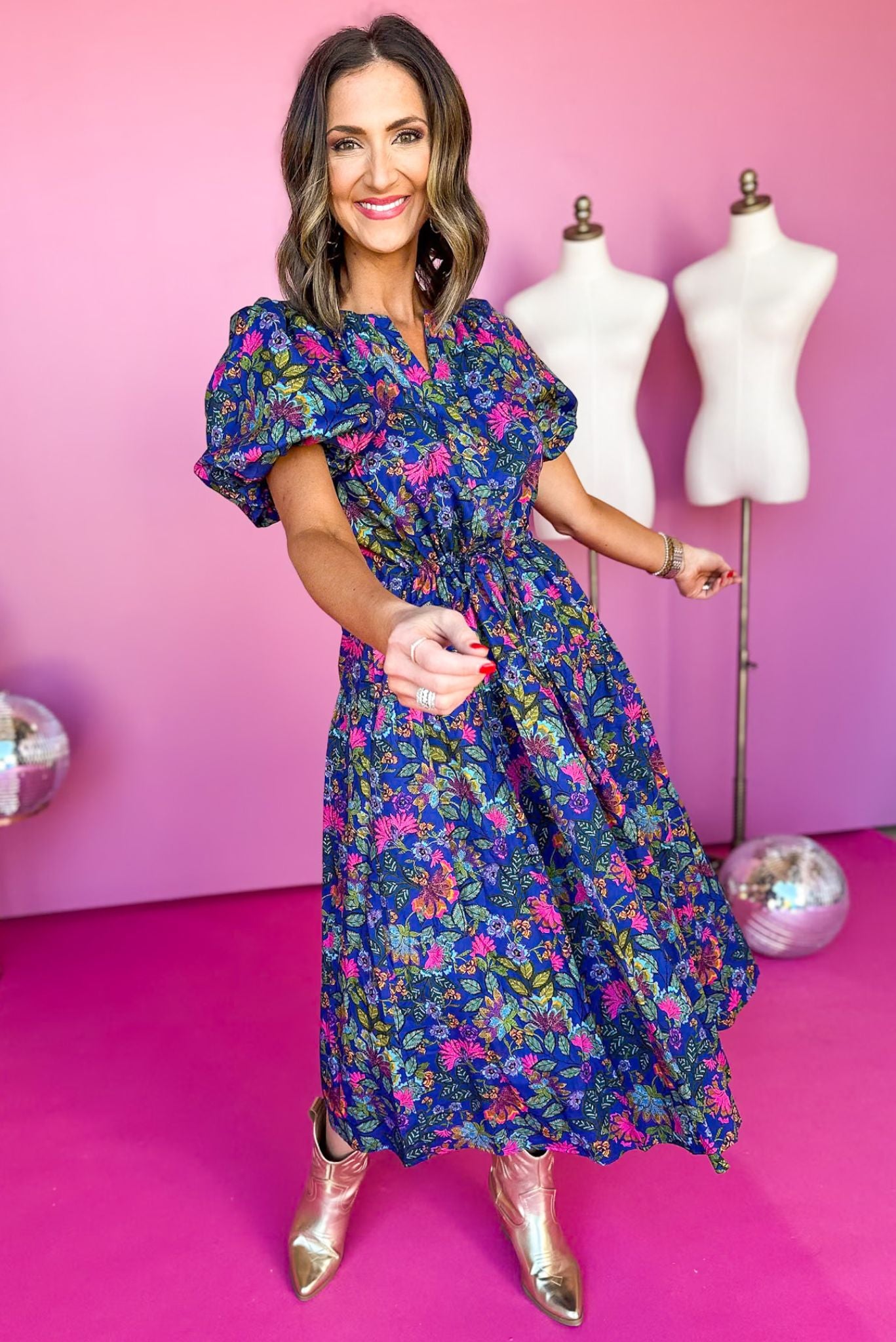 Blue Ditsy Floral Smocked Puff Sleeve Maxi Dress– PinkBlush