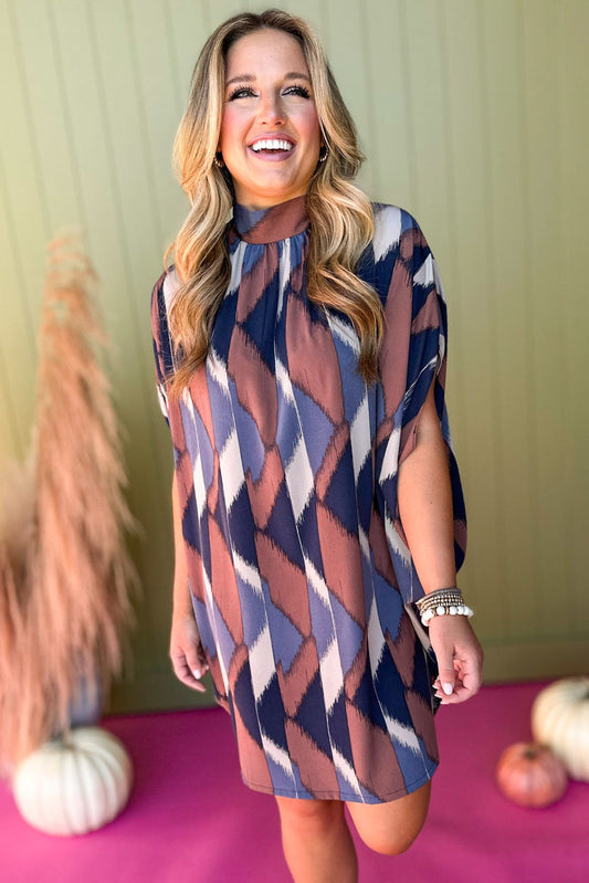 Brown Abstract Printed Mock Neck Caftan Dress, must have dress, must have style, fall style, fall fashion, elevated style, elevated dress, mom style, fall collection, fall dress, shop style your senses by mallory fitzsimmons