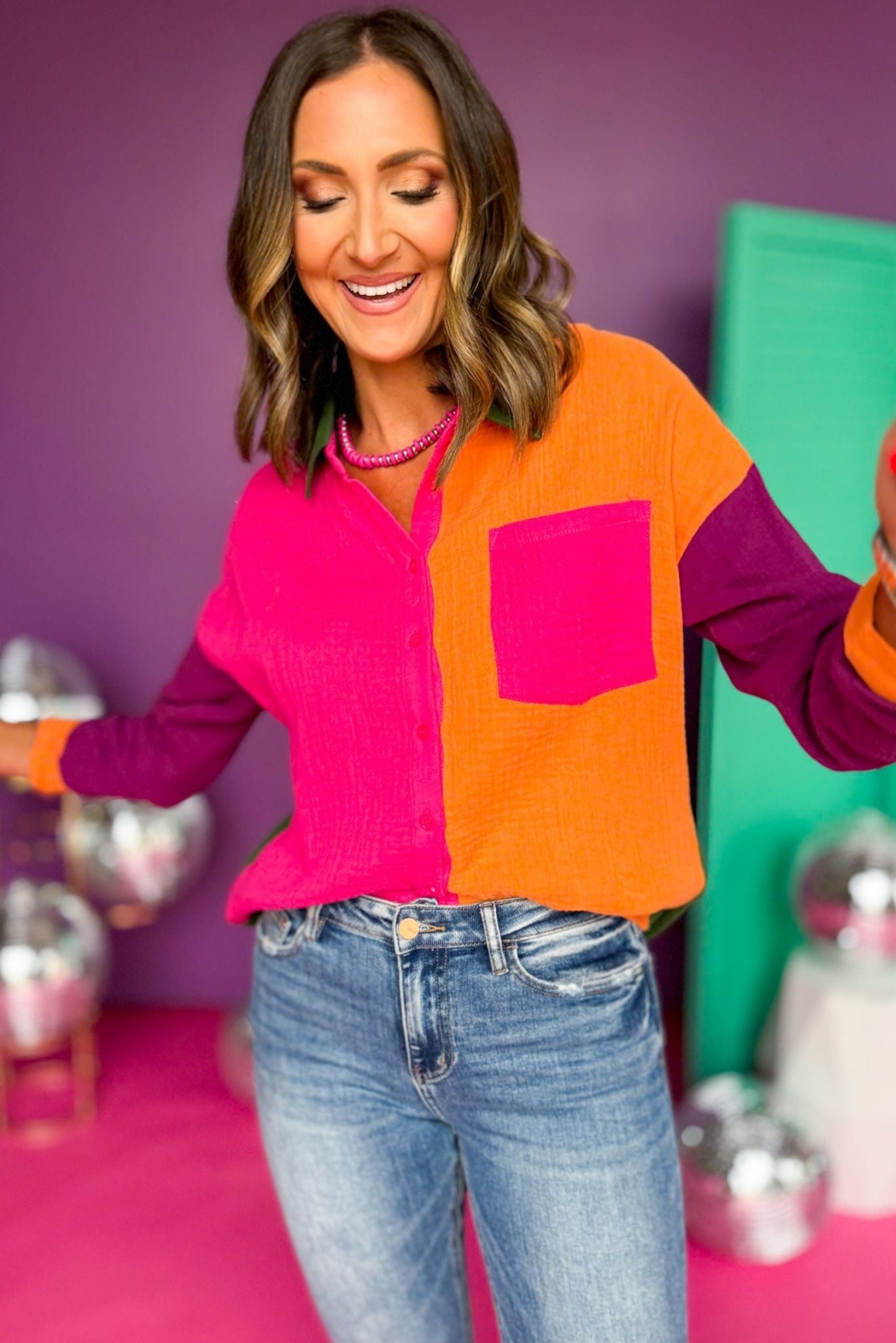 Fuchsia Colorblock Pocket Detail Button Front Long Sleeve Top, must have top, must have style, office style, winter fashion, elevated style, elevated top, mom style, work top, shop style your senses by mallory fitzsimmons