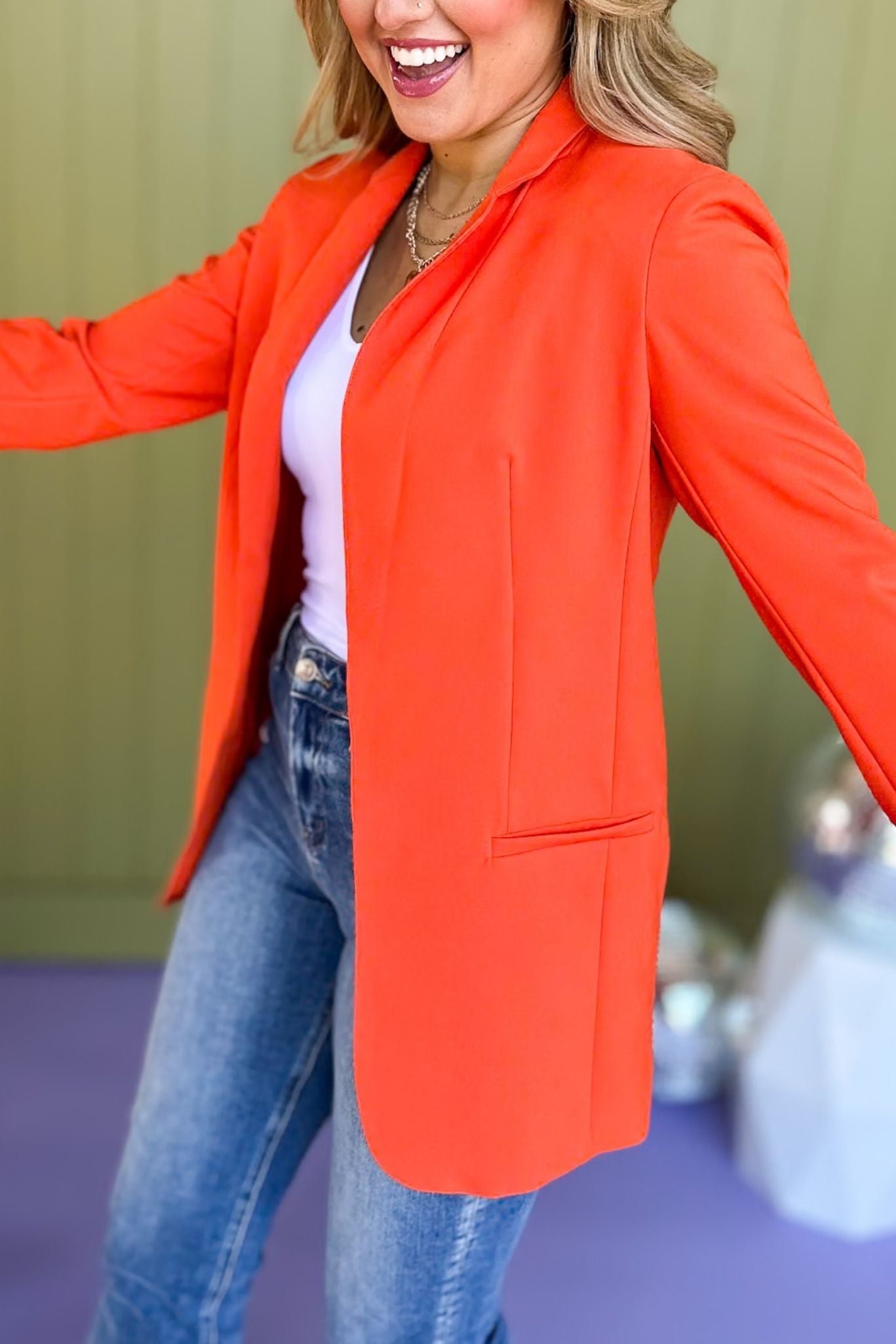 Orange Collared Long Sleeve Blazer Jacket *FINAL SALE* *Final Sale*, must have blazer, must have style, elevated blazer, elevated style, saturday steal, mom style, office style, work to weekend, shop style your senses by mallory fitzsimmons, ssys by mallory fitzsimmons