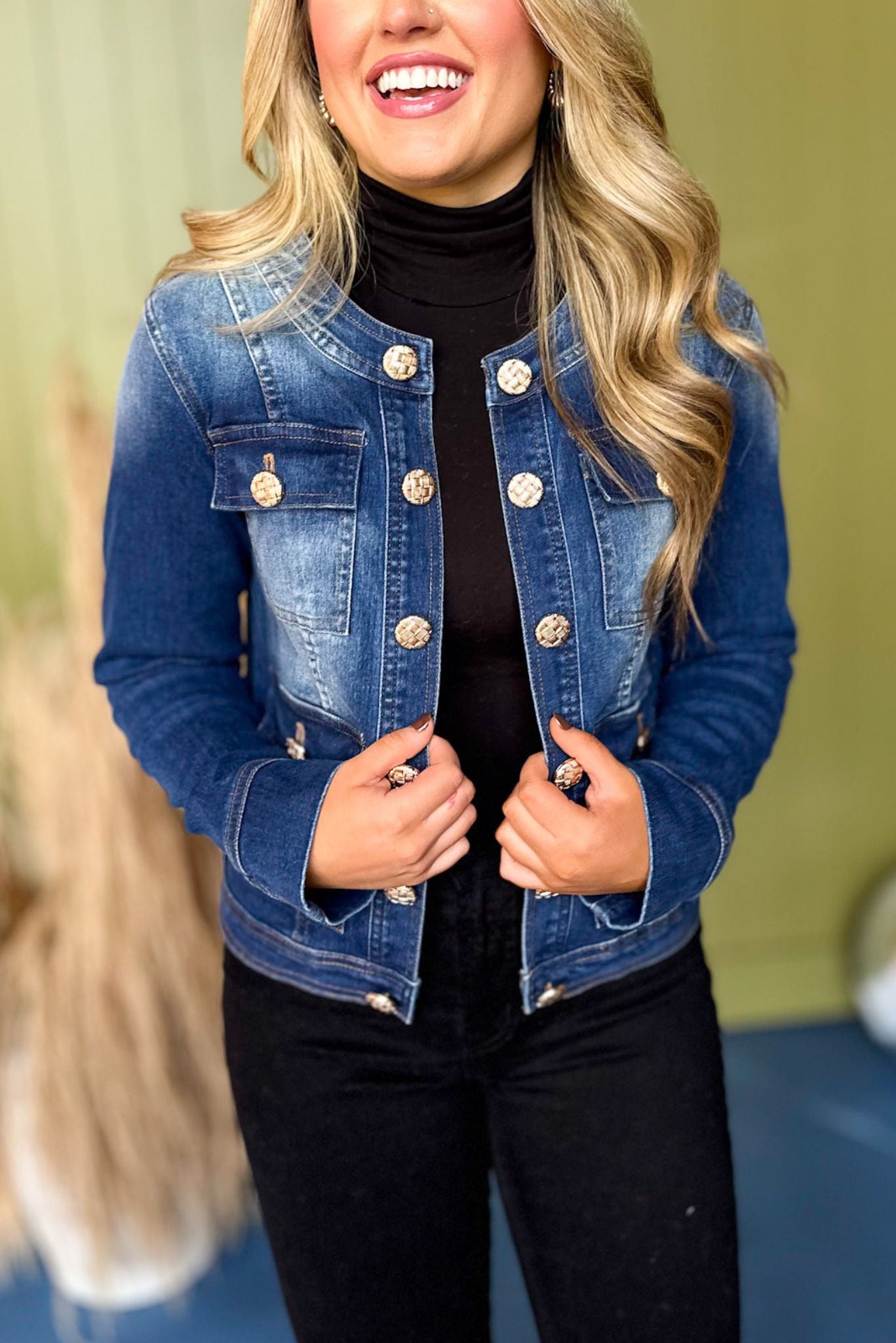 Blue Button Front Round Neck Denim Jacket, must have jacket, must have style, fall style, fall fashion, elevated style, elevated jacket, mom style, fall collection, fall dress, shop style your senses by mallory fitzsimmons