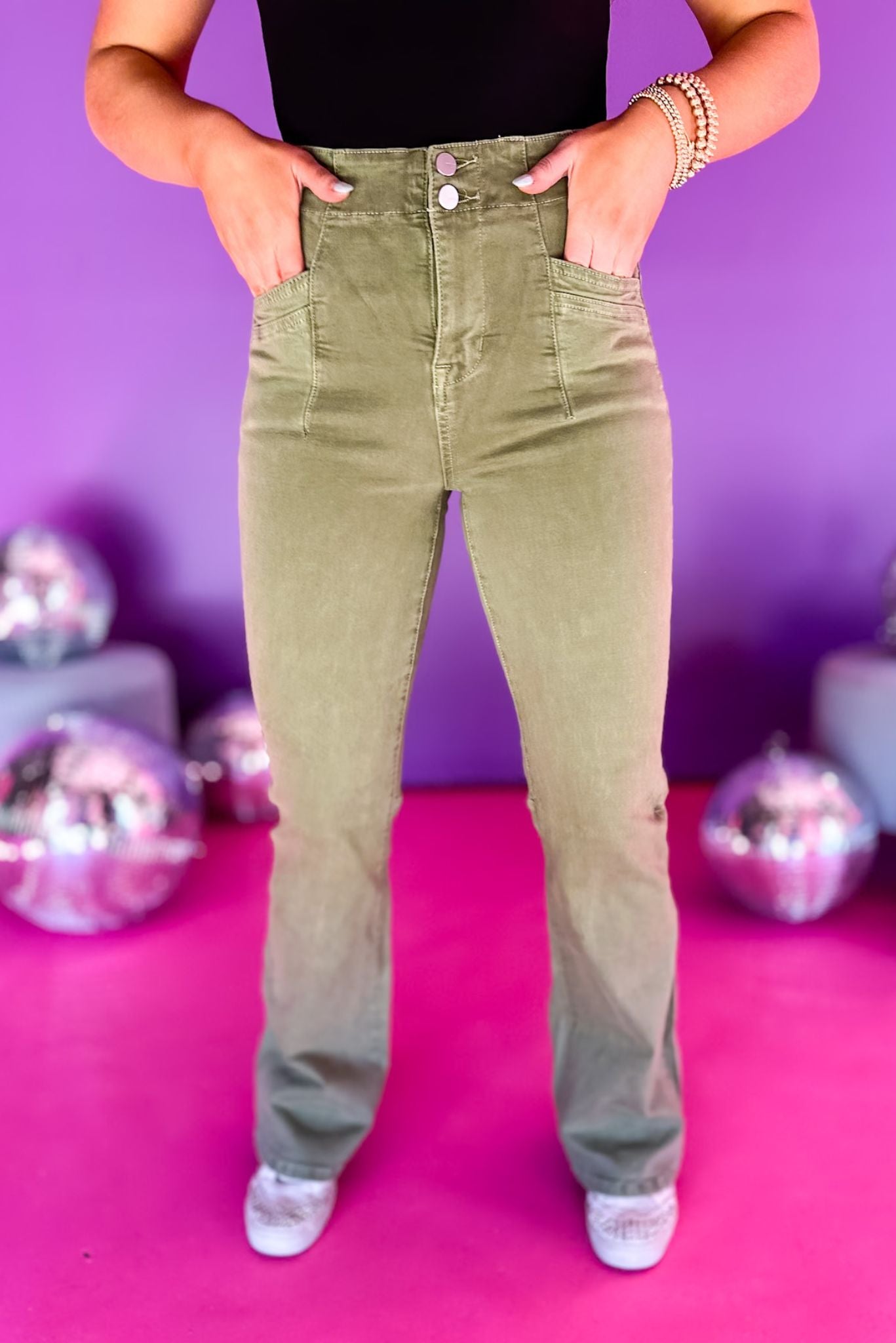  Mica Moss Green Super High Rise Double Button Pocket Detail Relaxed Flare Jeans, green jeans, flare jeans, must have jeans, must have style, must have comfortable style, spring fashion, spring style, street style, mom style, elevated comfortable, elevated style, shop style your senses by mallory fitzsimmons