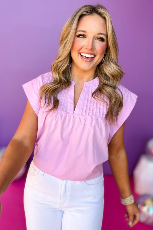  Pink Split Neck Banded Sleeve Poplin Top, must have top, must have style, summer style, spring fashion, elevated style, elevated top, mom style, shop style your senses by mallory fitzsimmons, ssys by mallory fitzsimmons
