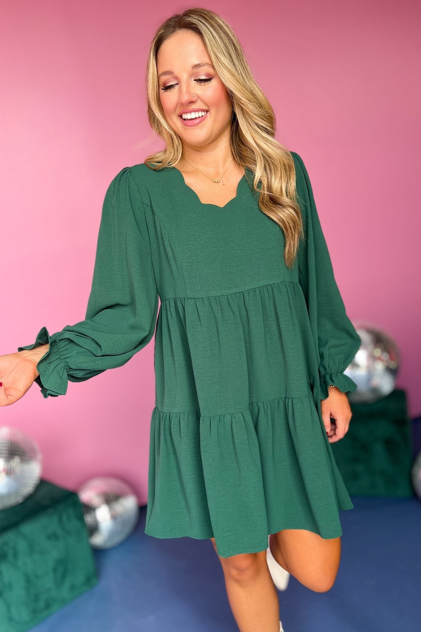 Hunter Green Scalloped Neck Long Sleeve Tiered Dress, must have dress, must have style, fall style, fall fashion, elevated style, elevated dress, mom style, fall collection, fall dress, shop style your senses by mallory fitzsimmons