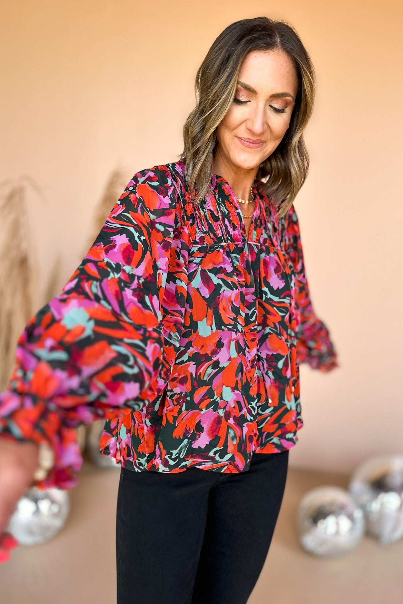 Green Floral Ruffle Detail Long Sleeve Top, floral top, fall top, transitional top, must have fall top, work to weekend, office top, elevated style, mom style, shop style your senses by mallory fitzsimmons