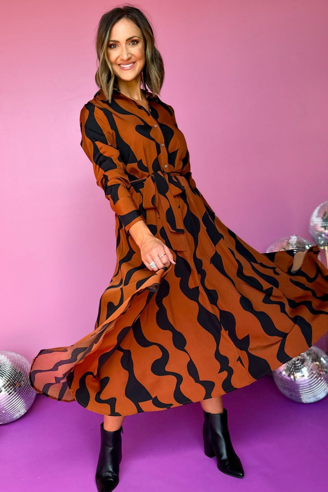 Brown Abstract Printed Button Front Tie Waist Long Sleeve Midi Dress, must have dress, must have style, fall style, fall fashion, elevated style, elevated dress, mom style, fall collection, fall dress, shop style your senses by mallory fitzsimmons