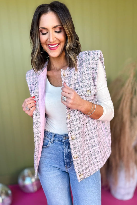 Pink Tweed Button Front Vest, must have vest, must have style, must have winter, winter fashion, elevated style, elevated vest, mom style, winter style, shop style your senses by mallory fitzsimmons