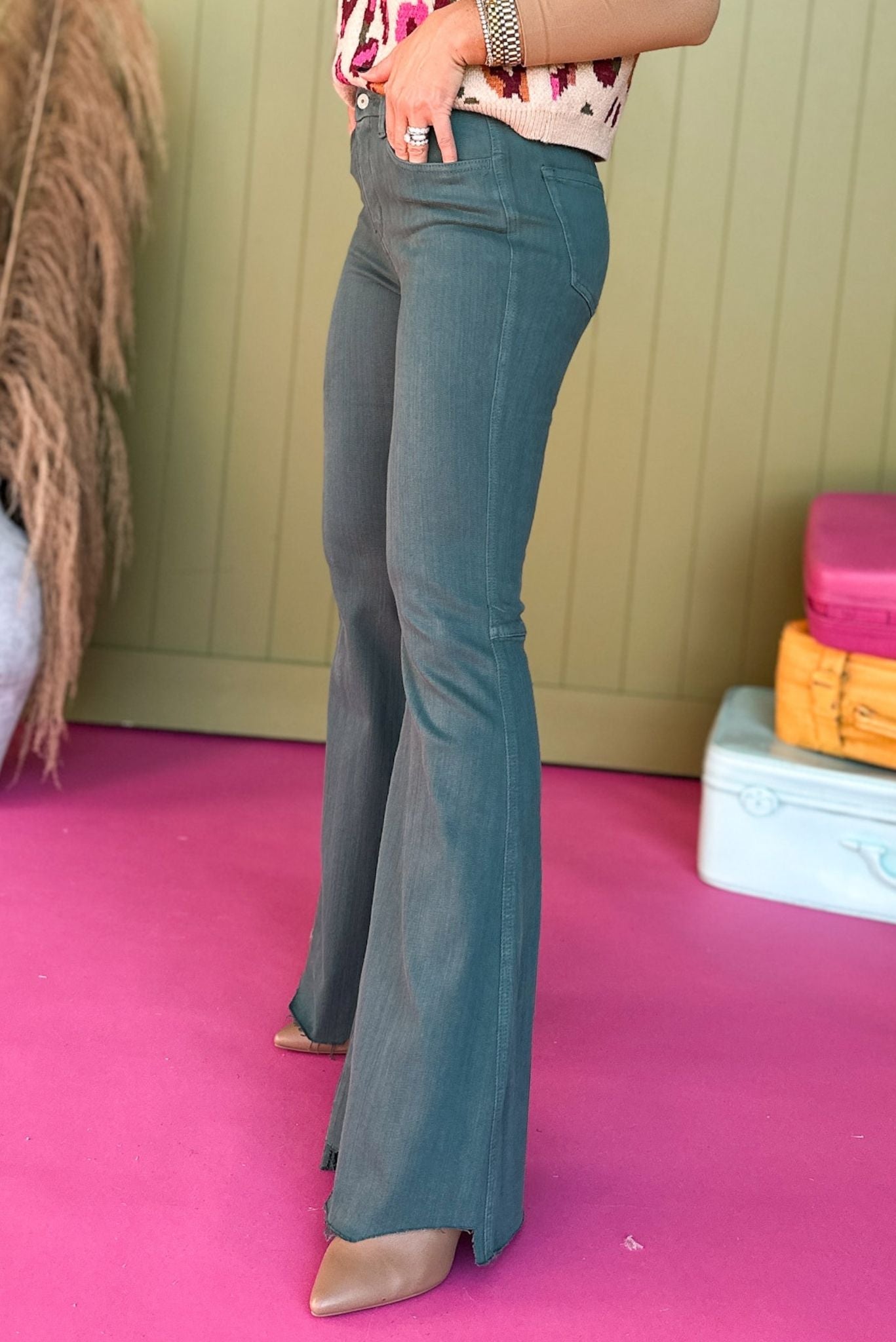 Vervet Green Washed High Rise Super Flare Raw Hem Jeans, must have jeans, must have style, fall jeans, fall fashion, affordable fashion, mom style, elevated style, shop style your senses by mallory fitzsimmons