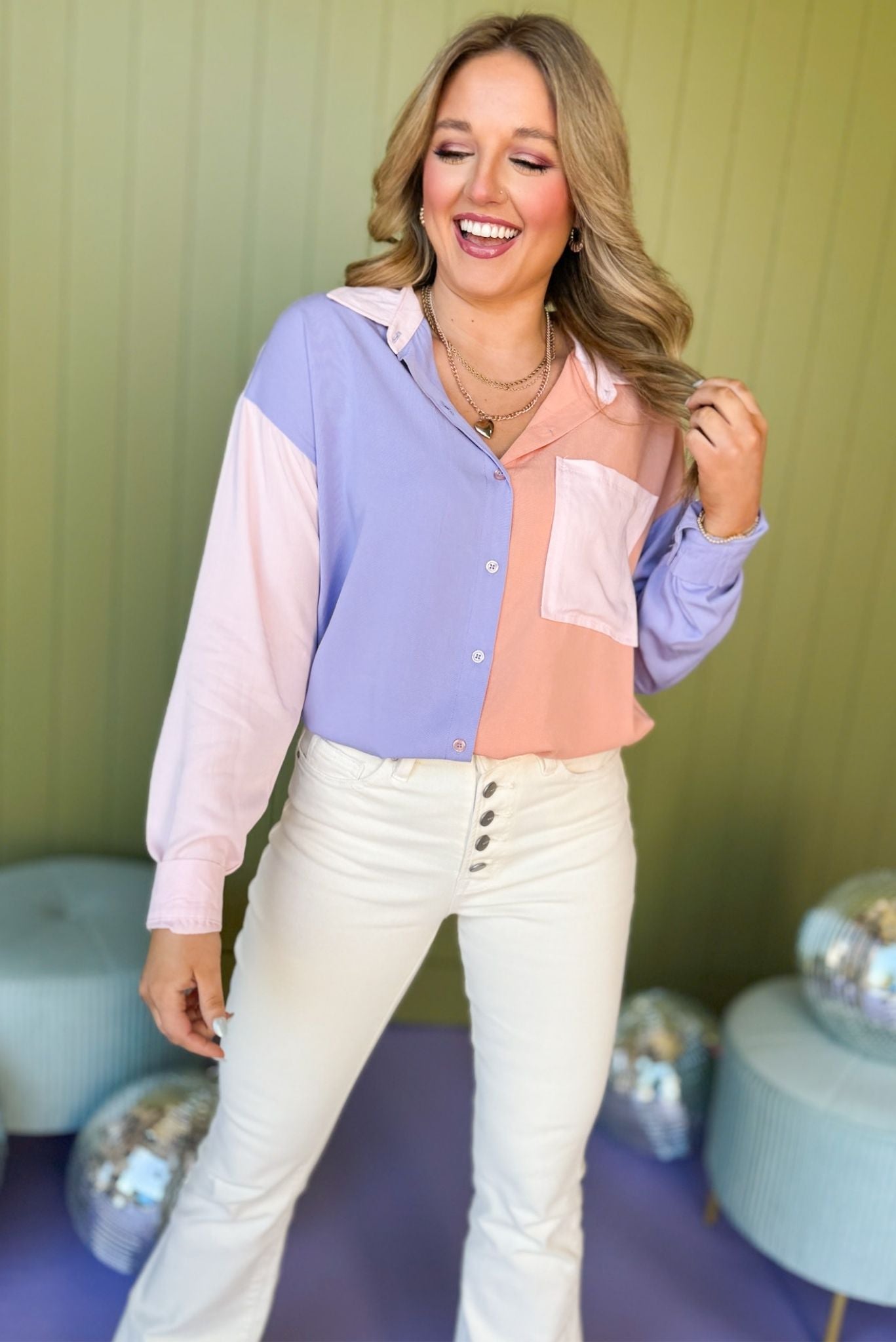 Lilac Colorblock Button Down Pocket Detail Top, must have top, must have style, office style, spring fashion, elevated style, elevated top, mom style, work top, shop style your senses by mallory fitzsimmons