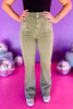 Mica Moss Green Super High Rise Double Button Pocket Detail Relaxed Flare Jeans, green jeans, flare jeans, must have jeans, must have style, must have comfortable style, spring fashion, spring style, street style, mom style, elevated comfortable, elevated style, shop style your senses by mallory fitzsimmons