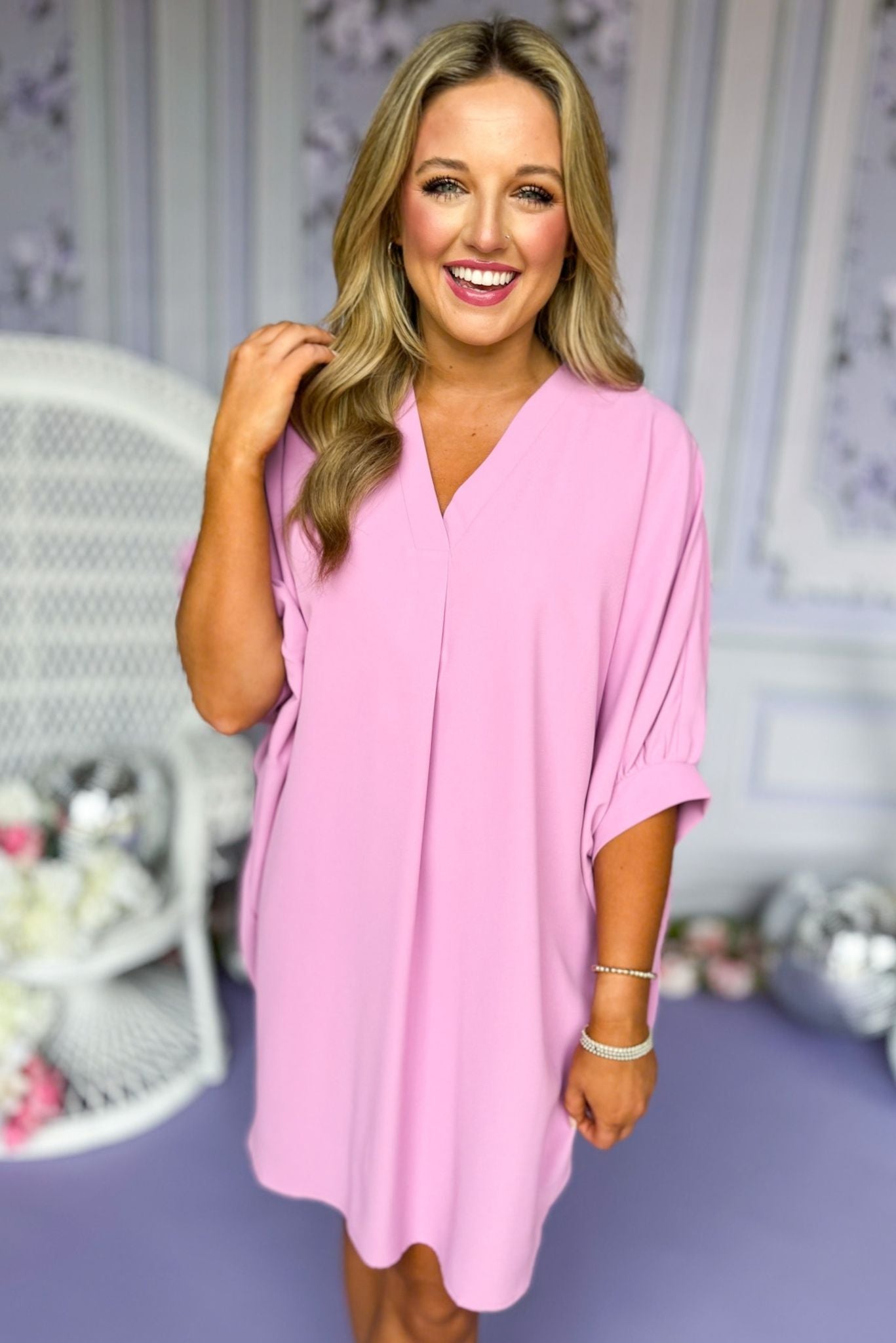  Pink V Neck Front Placket Tulip Hem Dress, spring dress, elevated dress, must have dress, mothers day dress, special occasion dress, spring style, summer style, church dress, mom style, shop style your senses by Mallory Fitzsimmons, ssys by Mallory Fitzsimmons 
