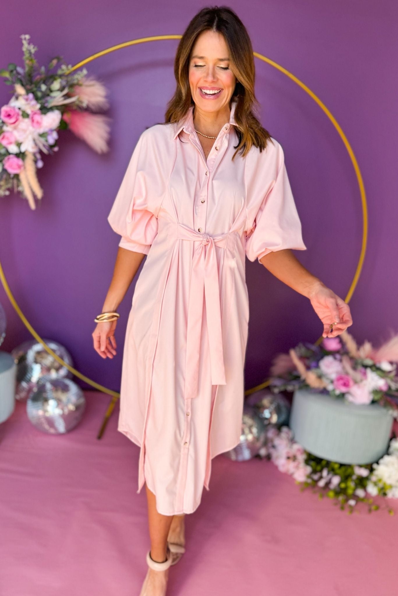 Light Pink Button Front Tie Waist Collared Midi Dress, must have dress, must have style, church style, spring fashion, elevated style, elevated dress, mom style, work dress, shop style your senses by mallory fitzsimmons