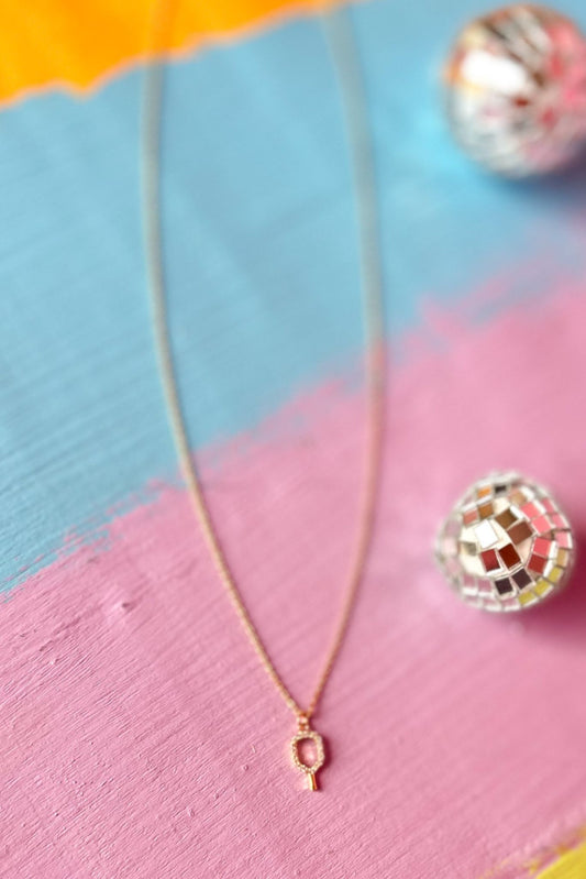 Gold Rhinestone Embellished Pickleball Paddle Pendant Necklace, accessory, necklace, must have accessory, shop style your senses by mallory fitzsimmons