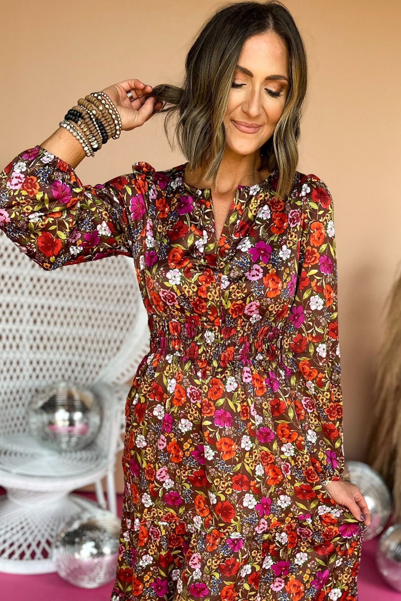 Brown Floral Printed V Neck Smocked Waist Long Sleeve Maxi Dress, elevated dress, elevated style, must have style, must have dress, must have print, fall print, fall dress, fall fashion, mom style, fall family photos, shop style your senses by mallory fitzsimmons