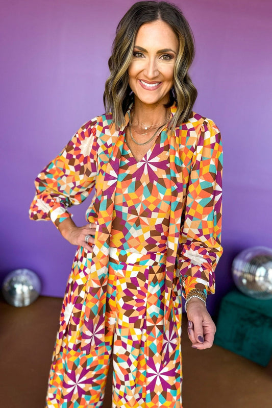 Purple Multi Geometric Printed Tie Neck Long Sleeve Top, must have top, must have print, must have fall, elevated style, mom style, chic style, fall style, fall top, shop style your senses by mallory fitzsimmons