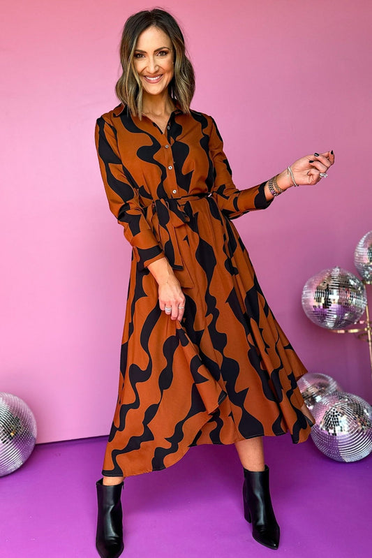 Brown Abstract Printed Button Front Tie Waist Long Sleeve Midi Dress, must have dress, must have style, fall style, fall fashion, elevated style, elevated dress, mom style, fall collection, fall dress, shop style your senses by mallory fitzsimmons