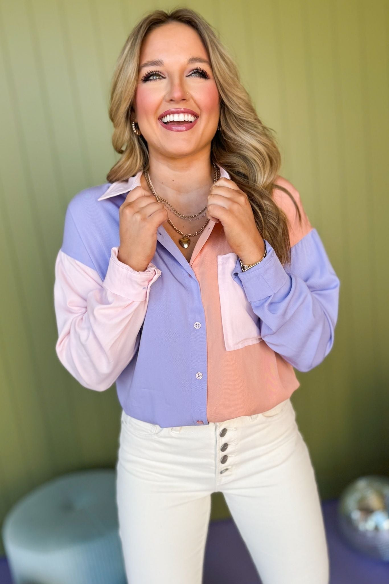 Lilac Colorblock Button Down Pocket Detail Top, must have top, must have style, office style, spring fashion, elevated style, elevated top, mom style, work top, shop style your senses by mallory fitzsimmons