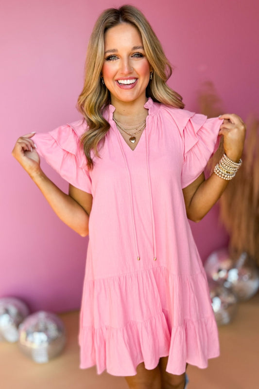 Pink Frill V Neck Ruffle Sleeve Dress, Western dress, western style, rodeo style, concert style, must have concert, must have style, elevated dress, elevated style, spring style, mom style, shop style your senses by Mallory Fitzsimmons, says by Mallory Fitzsimmons