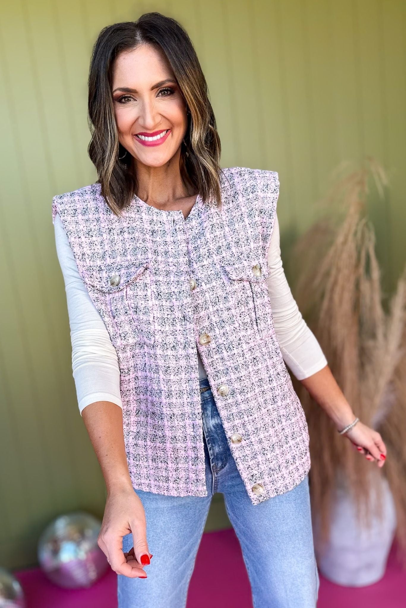 Pink Tweed Button Front Vest, must have vest, must have style, must have winter, winter fashion, elevated style, elevated vest, mom style, winter style, shop style your senses by mallory fitzsimmons