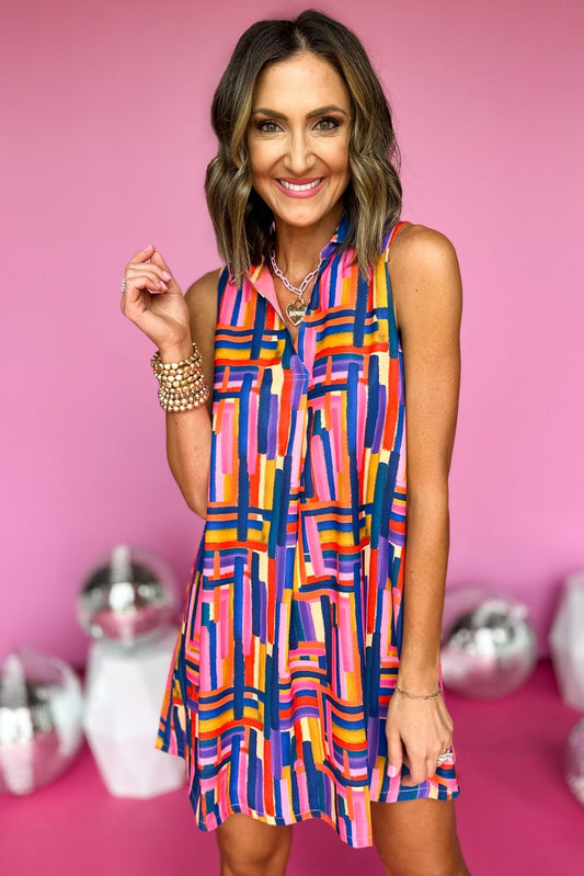 SSYS The Elise Dress Blue Geometric, printed dress, collar detail, crepe, summer style, easy fit, ssys, shop style your senses by mallory fitzsimmons