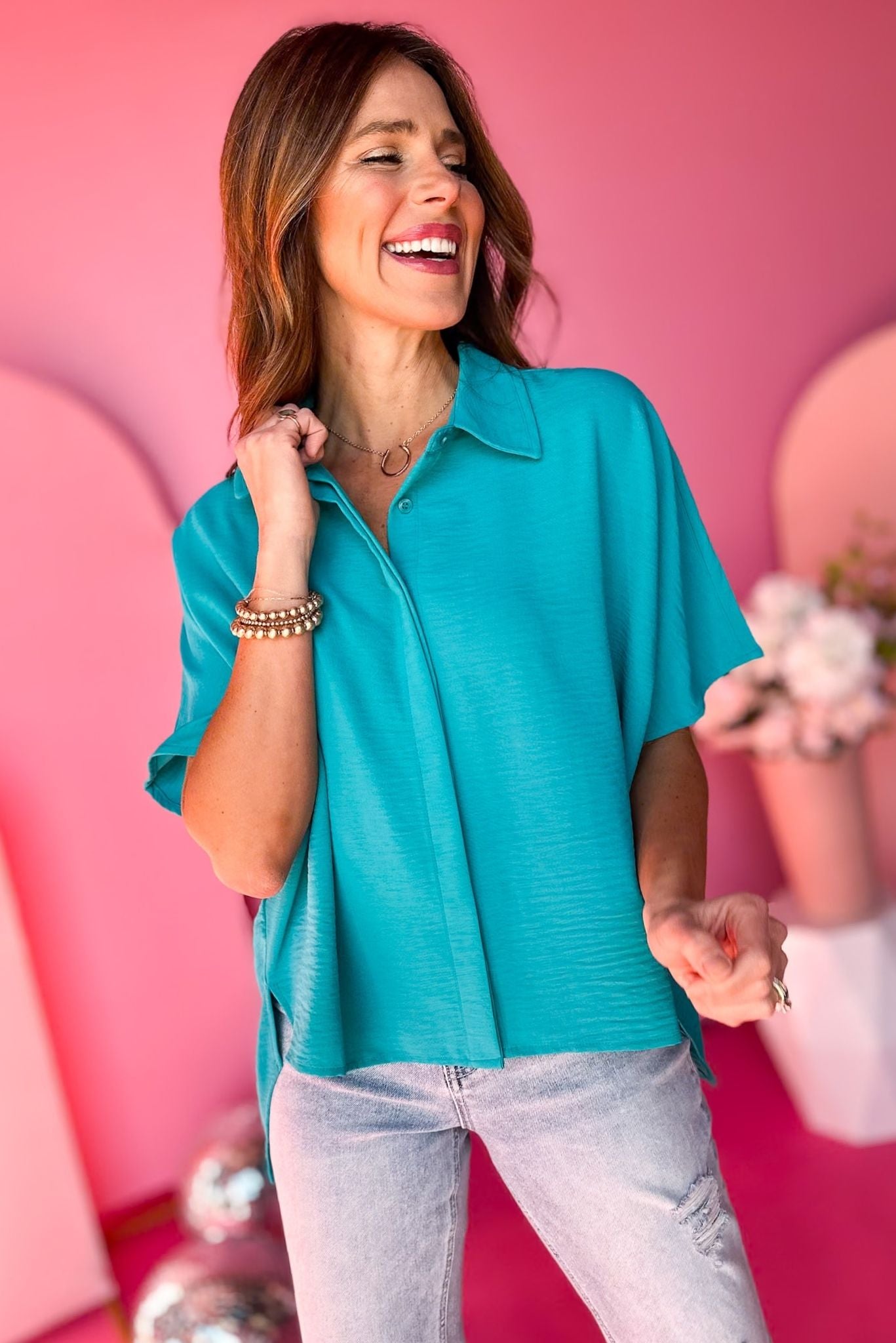 Teal Woven Short Sleeve Button Down High Low Top, must have top, short sleeve top, transitional top, elevated top, saturday steal, must have steal, mom style, shop style your senses by mallory fitzsimmons